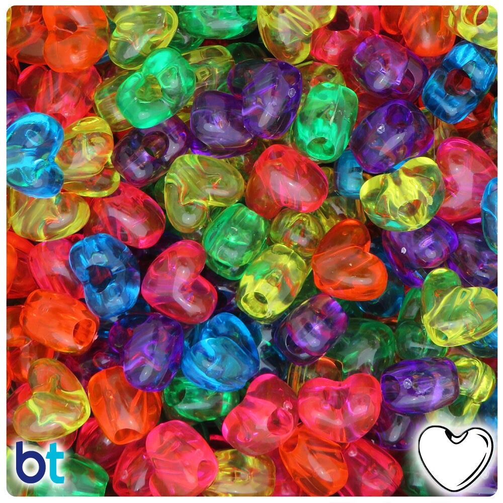 BeadTin Jelly Transparent Mix 12mm Heart (VH) Plastic Pony Beads (250pcs)