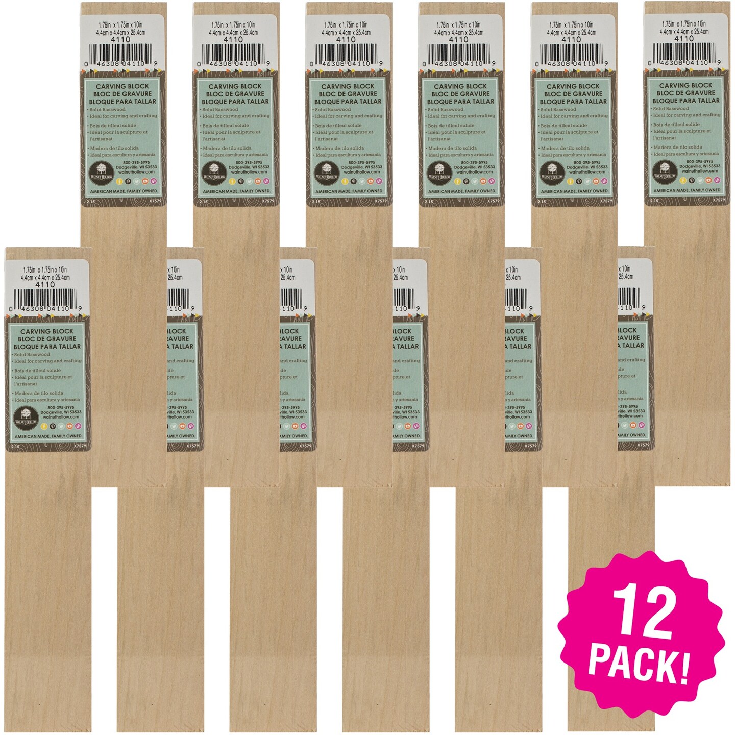 Multipack of 12 - Basswood Carving Block-1.75&#x22;X1.75&#x22;X10&#x22;