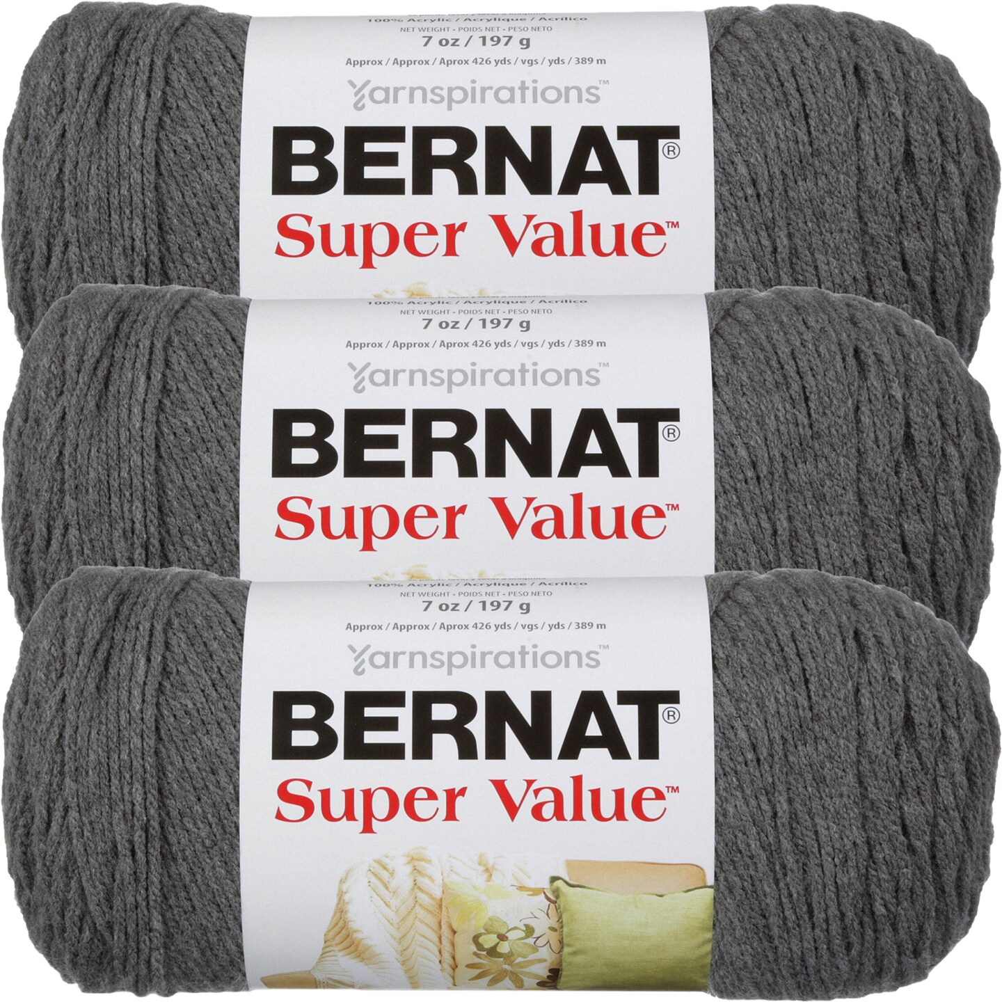 Bernat Super Value True Gray Yarn  3 Pack of 198g/7oz  Acrylic  4 Medium (Worsted) - 426 Yards  Knitting/Crochet