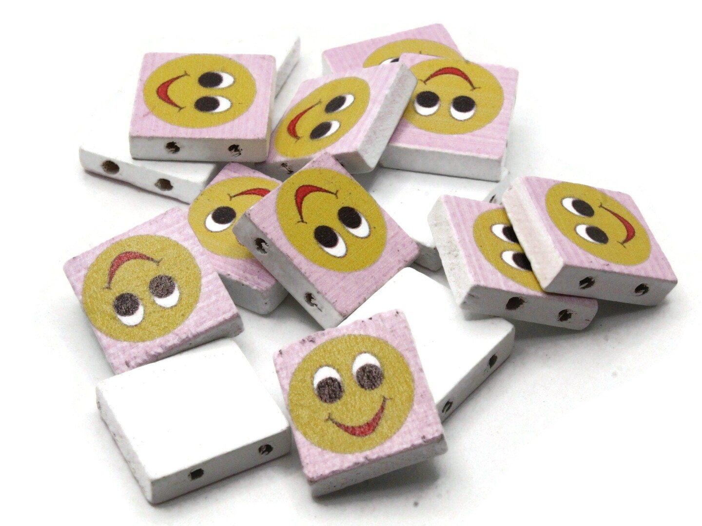 15 20mm Pink and Yellow Wooden Happy Face Beads - Two Hole Emoji Beads