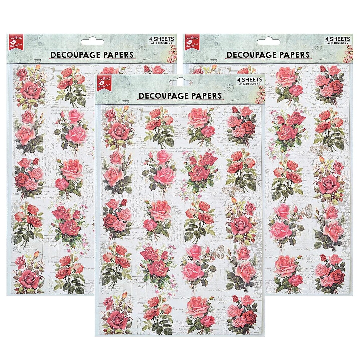 Pack of 3 - Little Birdie Decoupage Paper A4 4/Pkg-Rose Passion