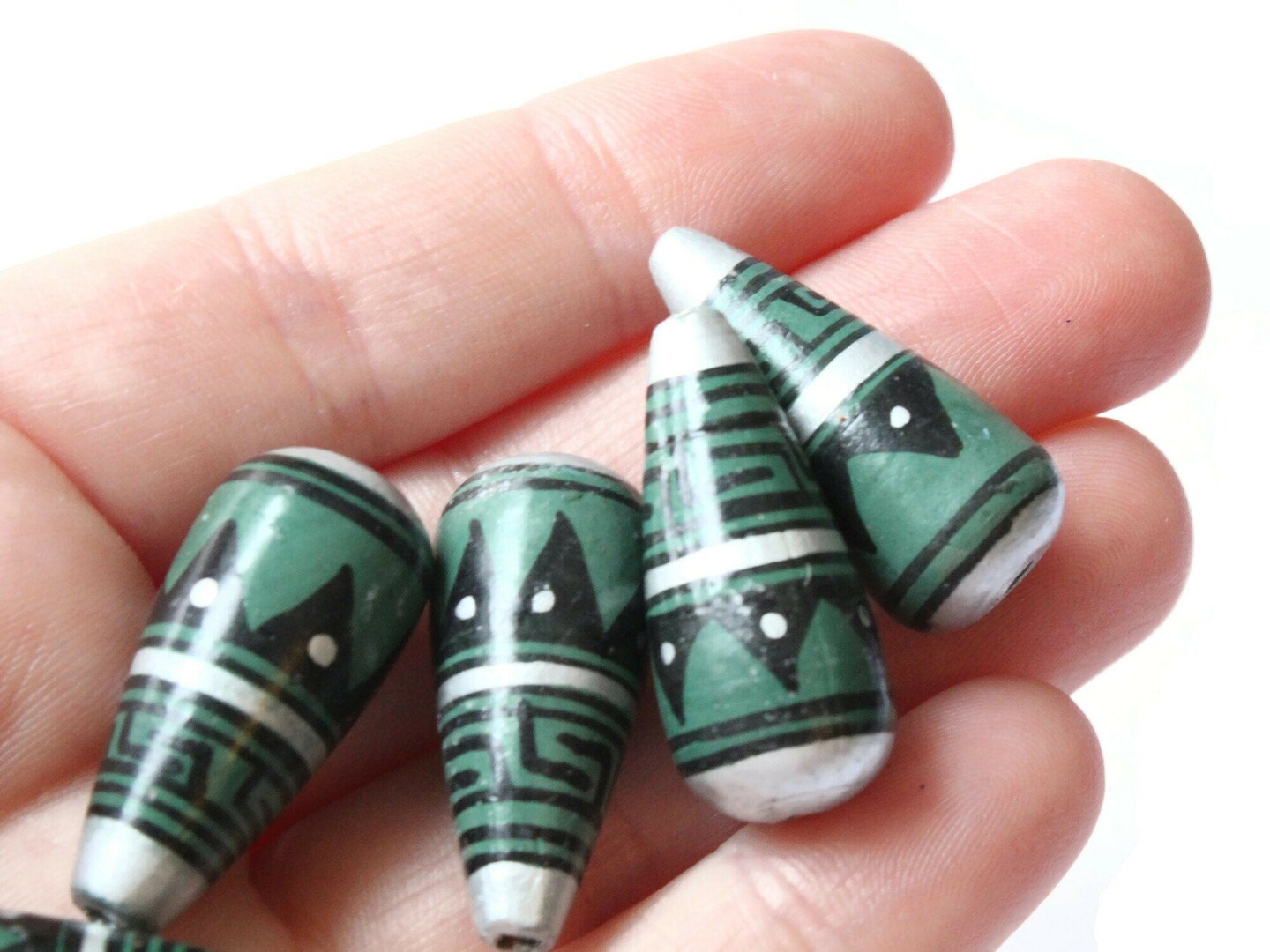 5 28mm Vintage Painted Peruvian Clay Beads - Green Silver and Black Patterned Teardrop Beads