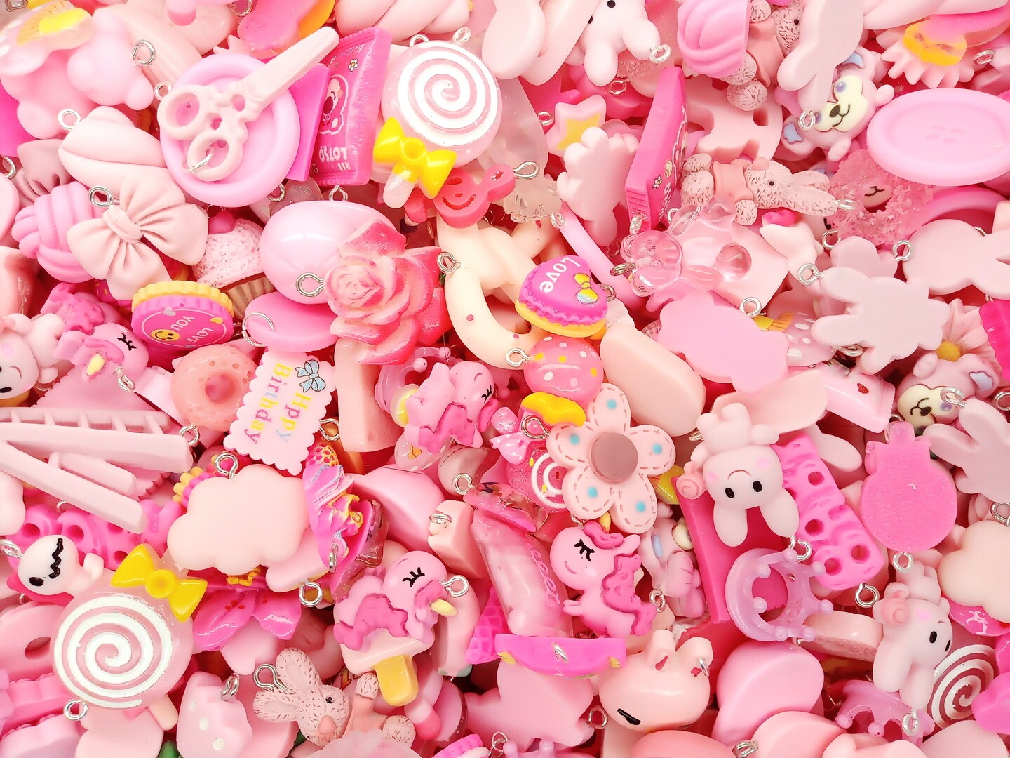 Pink Kawaii Charm Mix, 25pc Cute Resin Cabochon Charm Grab Bag, Adorabilities