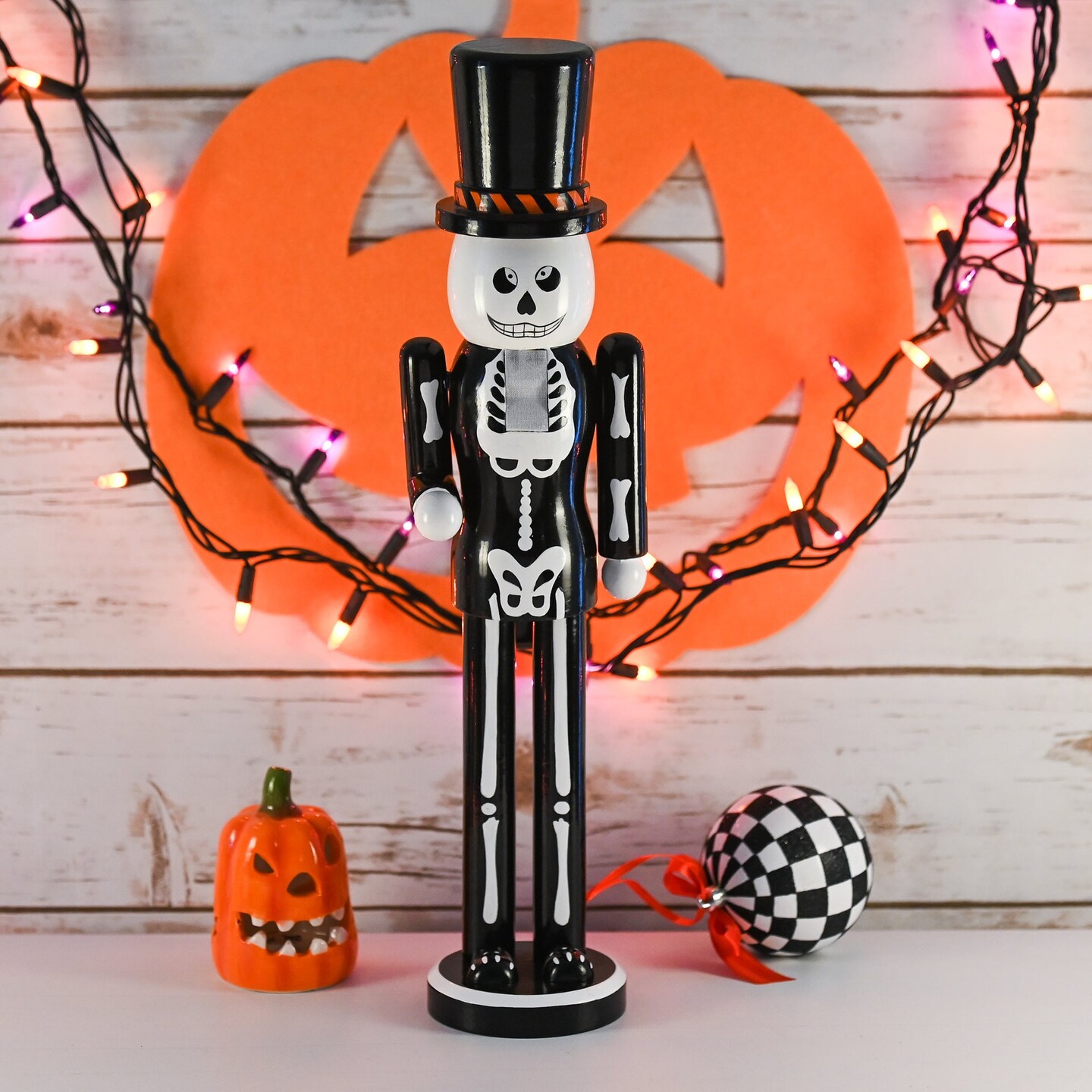 Ornativity Christmas Scary Skeleton Nutcracker &#x2013; Black and White Wooden Day of The Dead Skeletal Nutcracker Man with Top Hat Xmas and Halloween Themed Holiday Nut Cracker Doll Figure Decorations