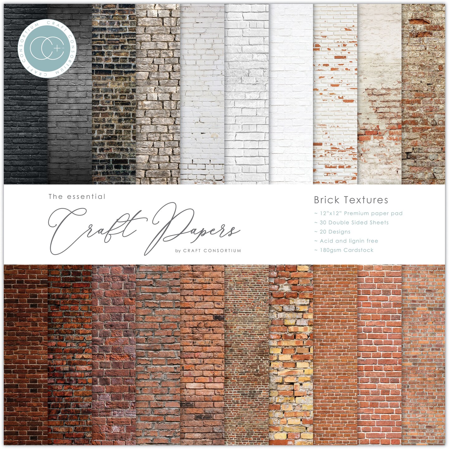 Craft Consortium Double-Sided Paper Pad 12"X12" 30/Pkg-Brick Textures, 20 Designs