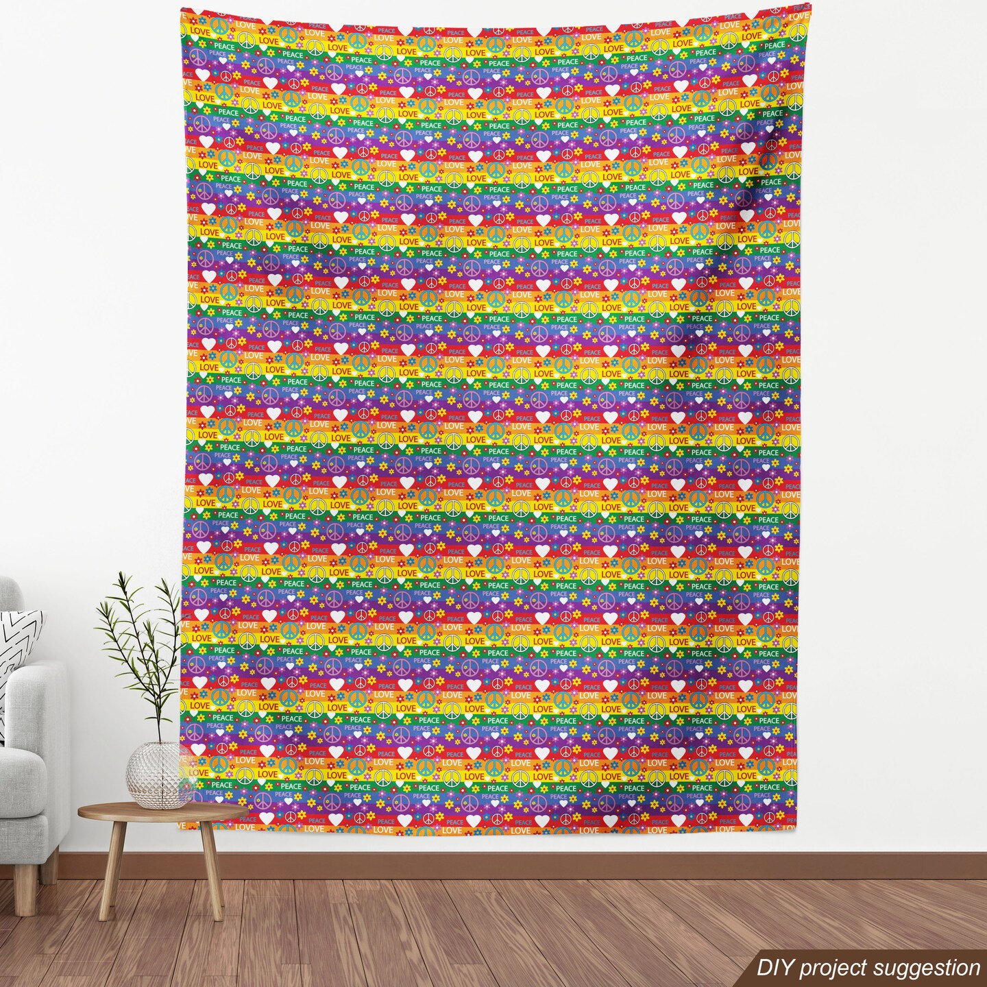 Ambesonne Groovy Fabric by the Yard, Heart Peace Flower Power Political Hippie Cheerful Colors Festival Joyful, Decorative Fabric for Upholstery and Home Accents, 5 Yards, Rainbow Colors