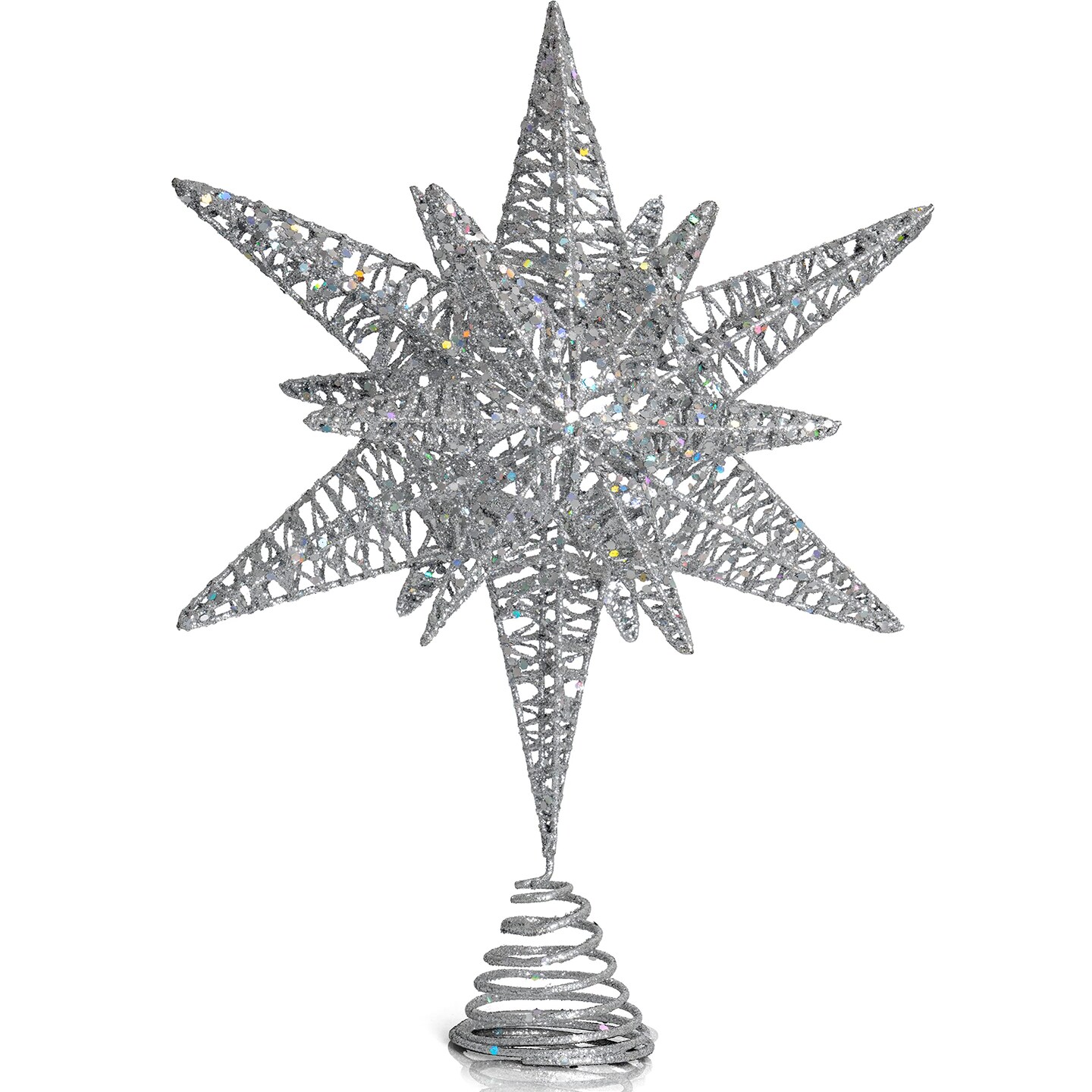 Ornativity Silver Star Tree Topper &#x2013; Christmas Silver 3D Glitter Star Ornament Treetop Decoration