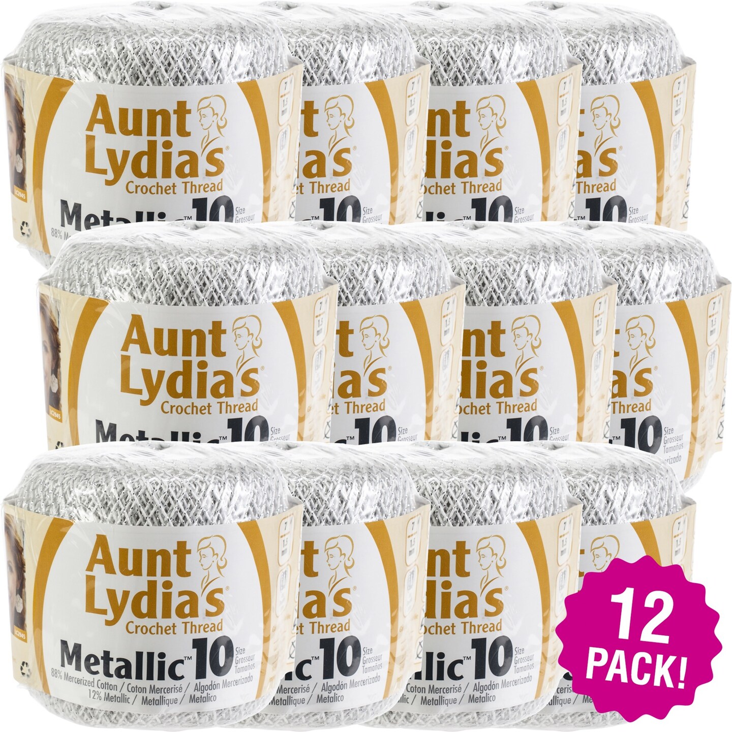 Multipack of 12 - Aunt Lydia's Metallic Crochet Thread Size 10-White & Silver