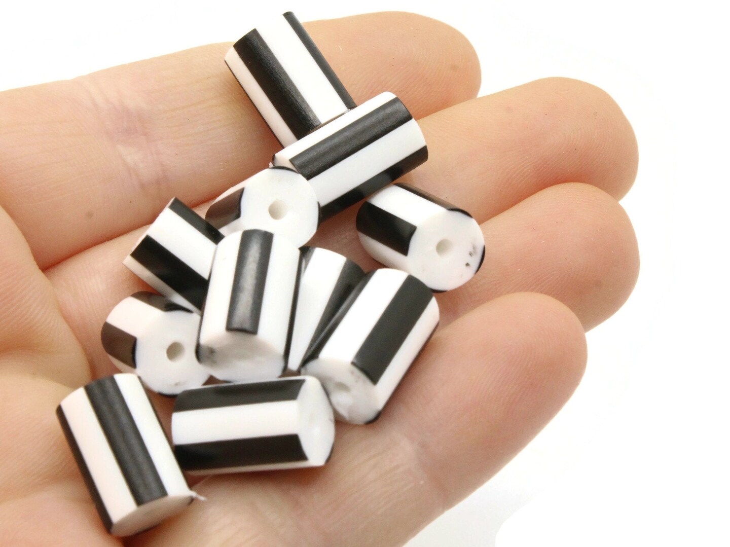 12 12mm to 14mm Black and White Striped Vintage Plastic Tube Beads bF1