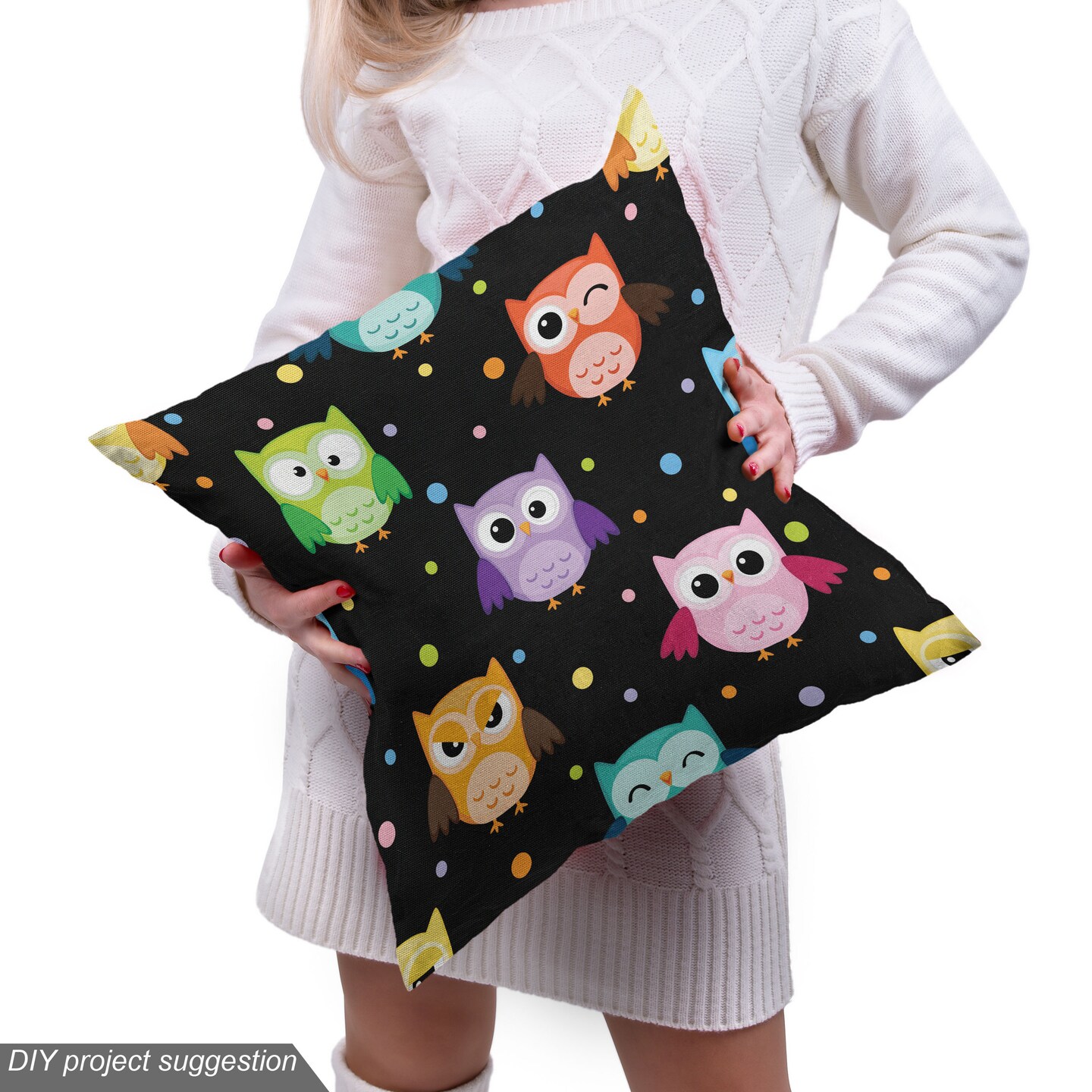Ambesonne Owls Fabric by the Yard, Colorful Birds with Different Expressions Funny Confused Serious Characters Dots, Decorative Fabric for Upholstery and Home Accents, 10 Yards, Black Multicolor
