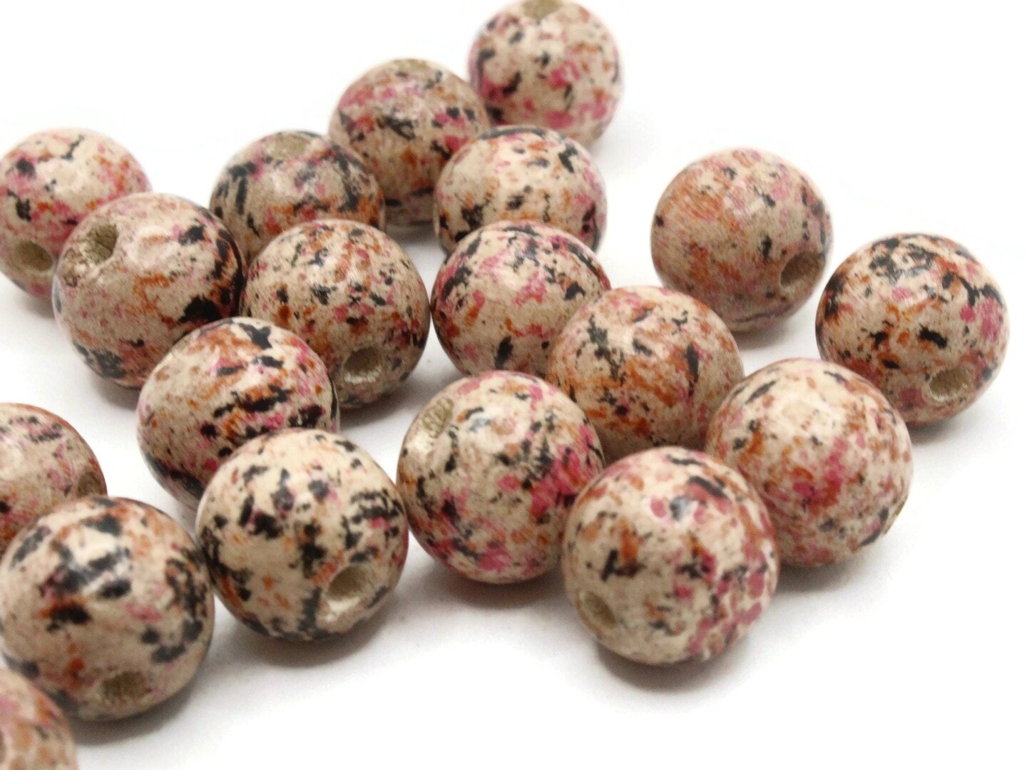 20 12mm Round Pink Splatter Paint Wooden Ball Beads