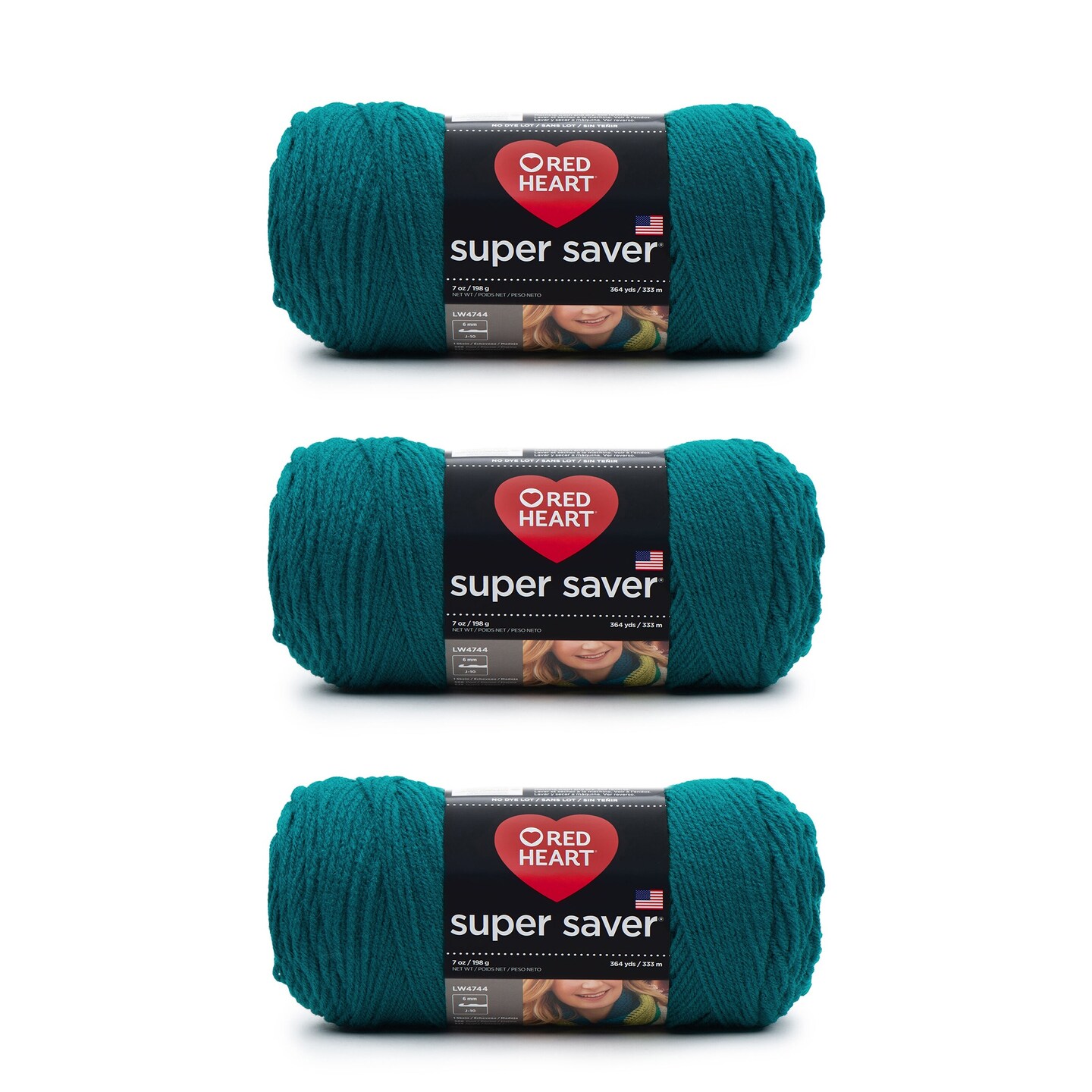 Red Heart Super Saver Real Teal Yarn - 3 Pack of 198g/7oz - Acrylic - 4 Medium (Worsted) - 364 Yards - Knitting/Crochet