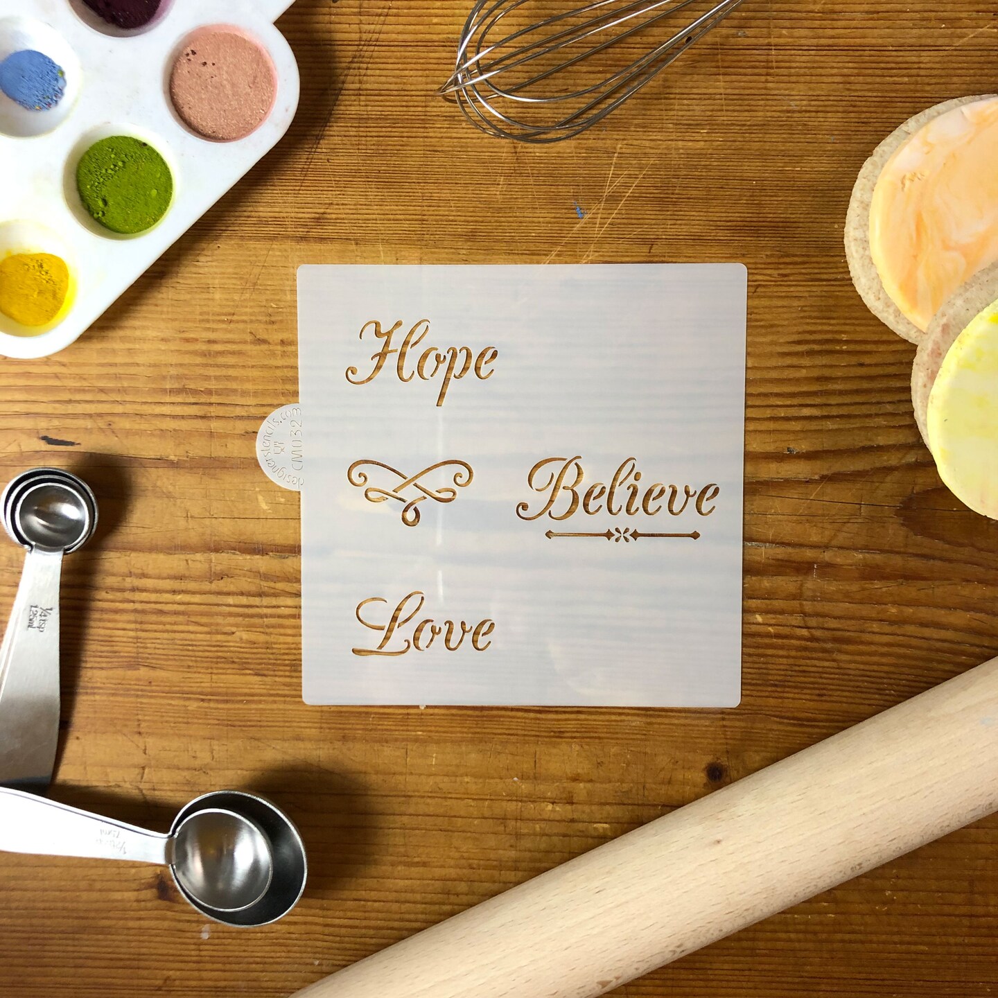 Hope, Believe, Love Cookie & Craft Stencil | CM032 by Designer Stencils | Cookie Decorating Tools | Baking Stencils for Royal Icing, Airbrush, Dusting Powder | Craft Stencils for Canvas, Paper, Wood | Reusable Food Grade Stencil