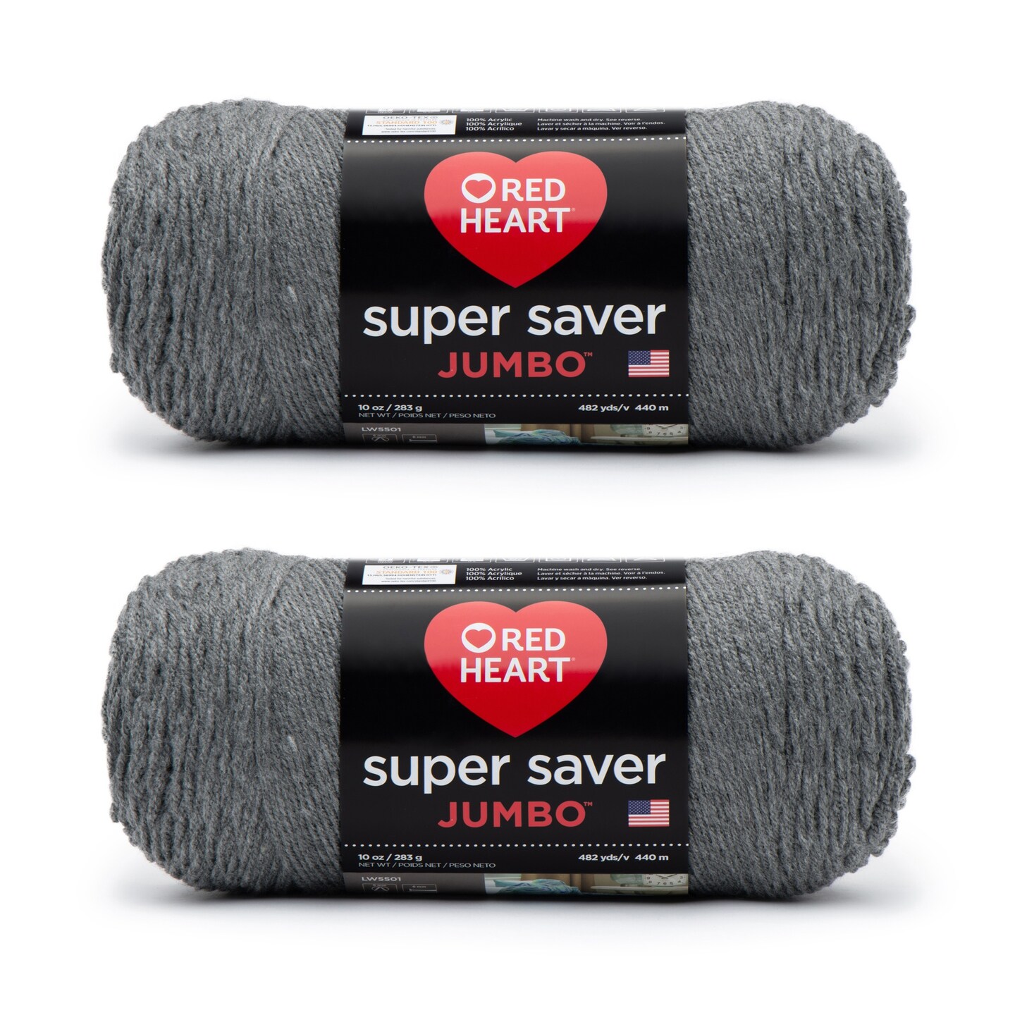 Red Heart Super Saver Jumbo Gray Heather Yarn - 2 Pack of 283g/10oz - Acrylic - 4 Medium (Worsted) - 482 Yards - Knitting/Crochet