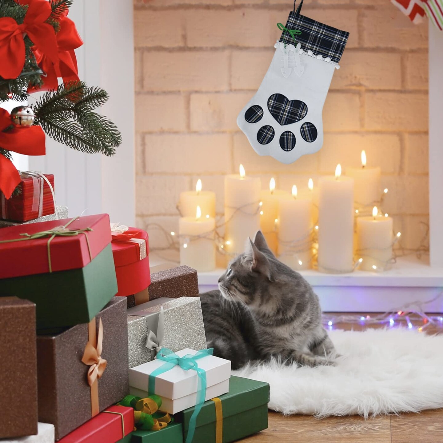 Ornativity Christmas Pet Paw Stocking - Cute Pet Hanging Stockings for Xmas Holiday Decorations with Large Plaid Paw - Pack of 1