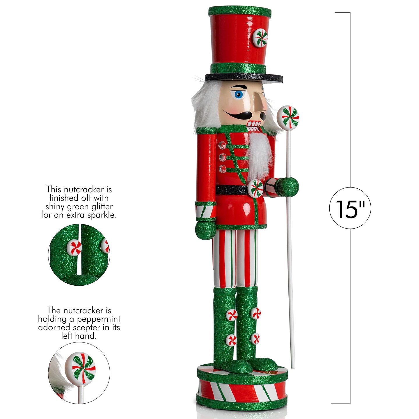 Ornativity Wooden Peppermint Christmas Nutcracker - Red, White and Green Glitter Candy Themed Holiday Nut Cracker Doll Figure Toy Soldier Decorations