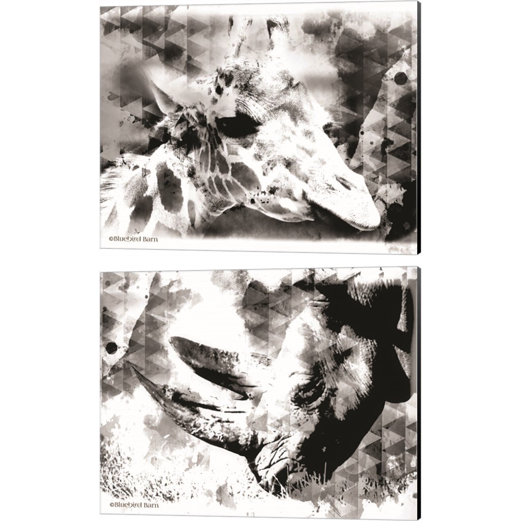 Modern Black &#x26; White Giraffe &#x26; Rhino by Bluebird Barn 15&#x22; x 12&#x22; Canvas Wall Art (Set of 2)