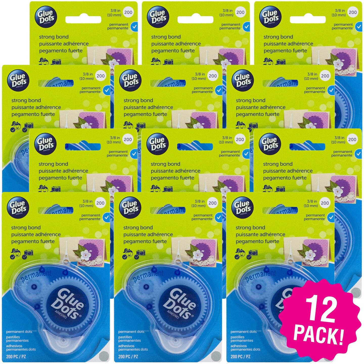 Multipack of 12 - Glue Dots .375" Dot Disposable Dispenser-Permanent, 200 Clear Dots