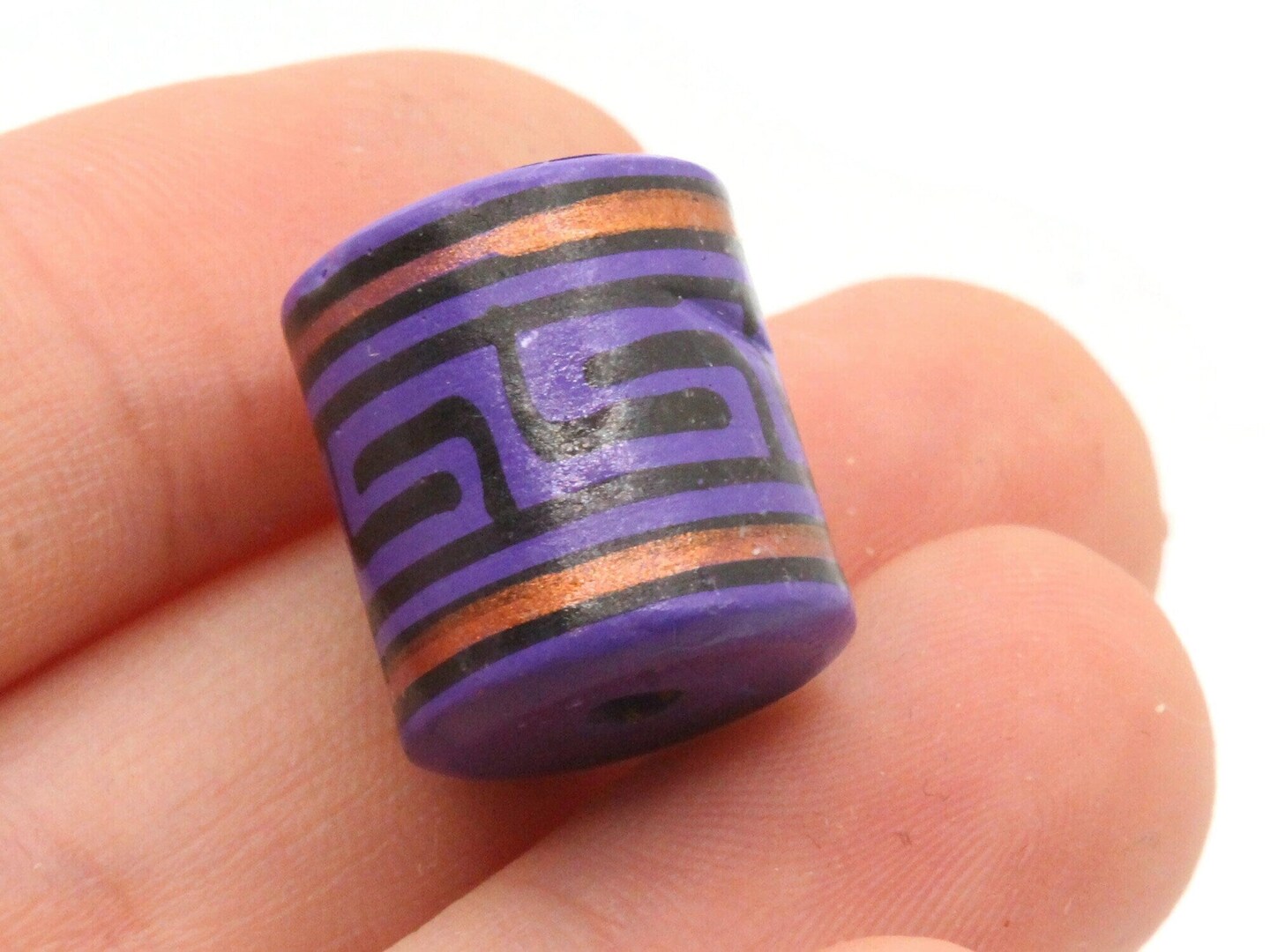 6 16mm Vintage Painted Clay Purple Copper and Black  Patterned Peru Tube Beads
