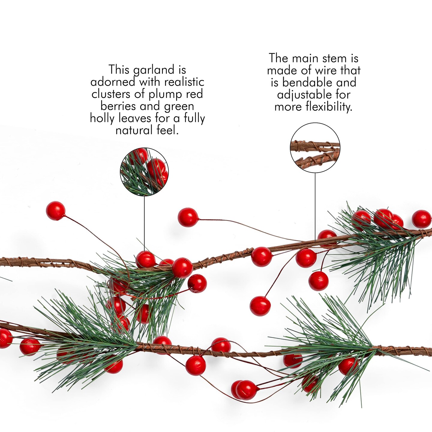 Ornativity Pine and Berries Garland - Pine Needles and Berry Rustic Holiday Christmas Tree Natural Garland Decorations &#x2013; 6 Ft