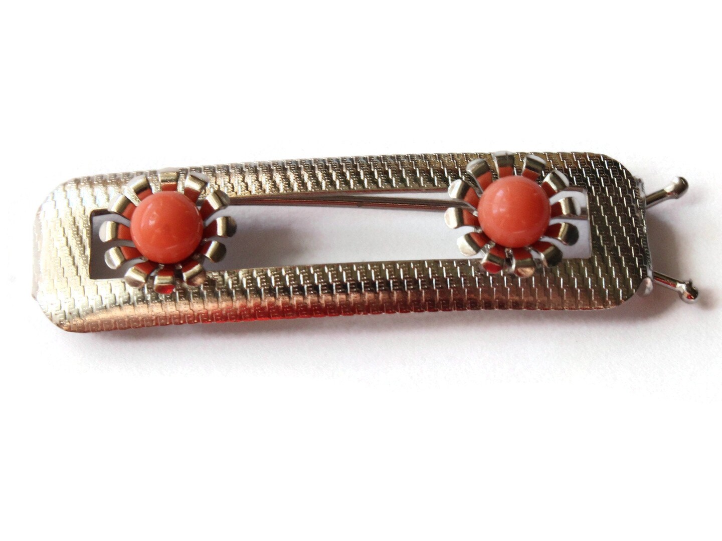 Vintage Silver Barrette with Orange Flowers Rectangle Barrette