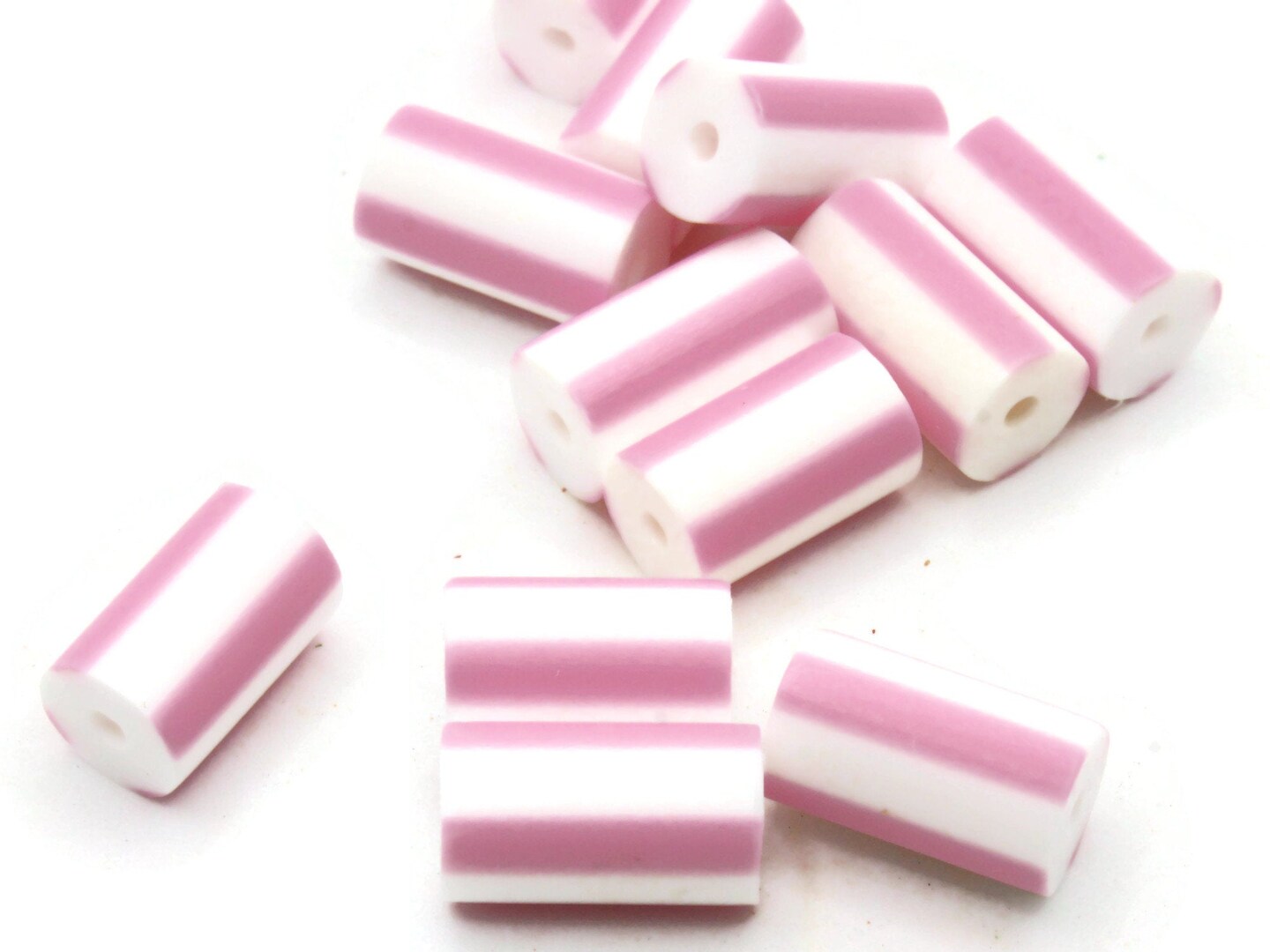 12 12mm to 14mm Pink and White Striped Vintage Plastic Tube Beads