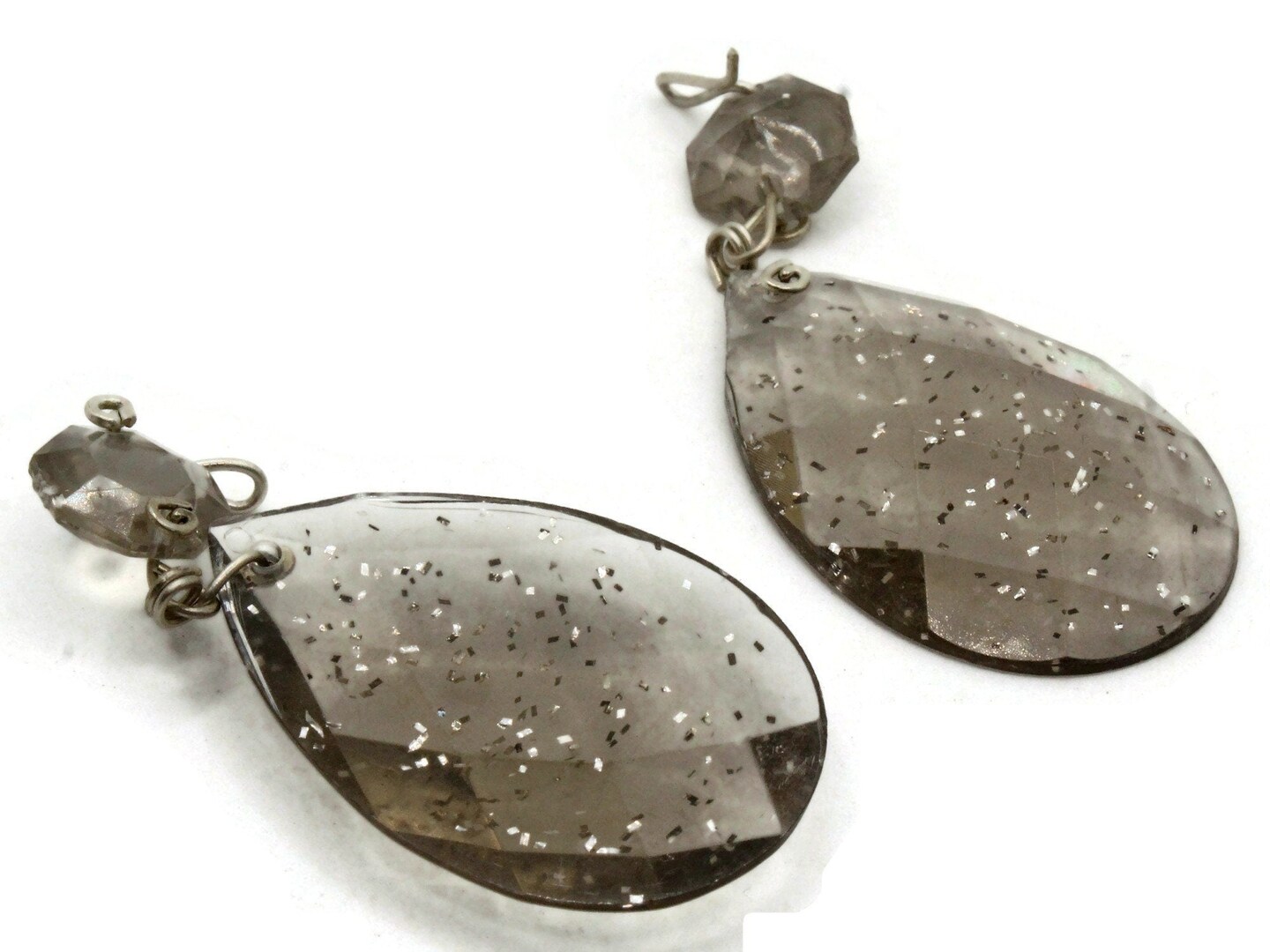 2 64mm Clear Gray with Embedded Glitter Vintage Plastic Drop Teardrop Pendant Chandelier Dangle
