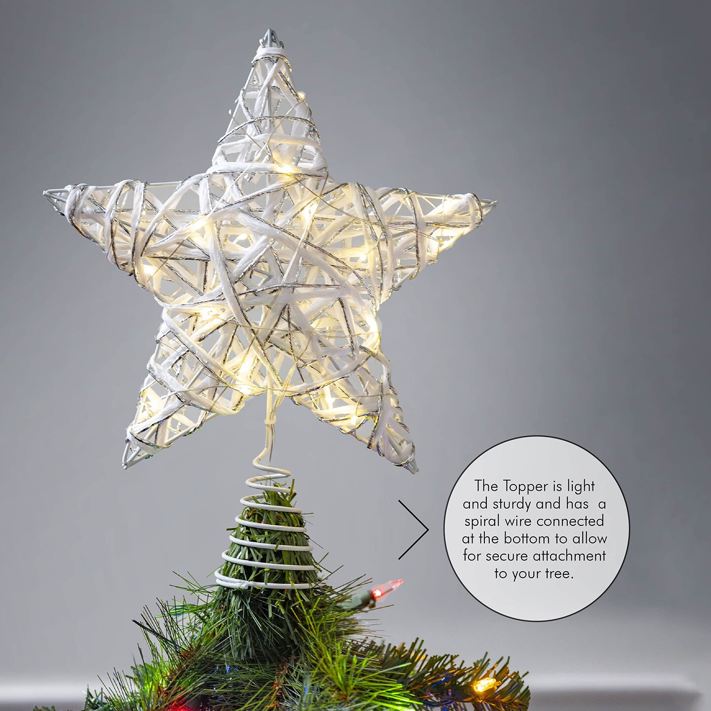 Ornativity Christmas Rattan Tree Topper – White and Silver Xmas Rustic Star LED Light Up Tree Topper Ornament Decoration
