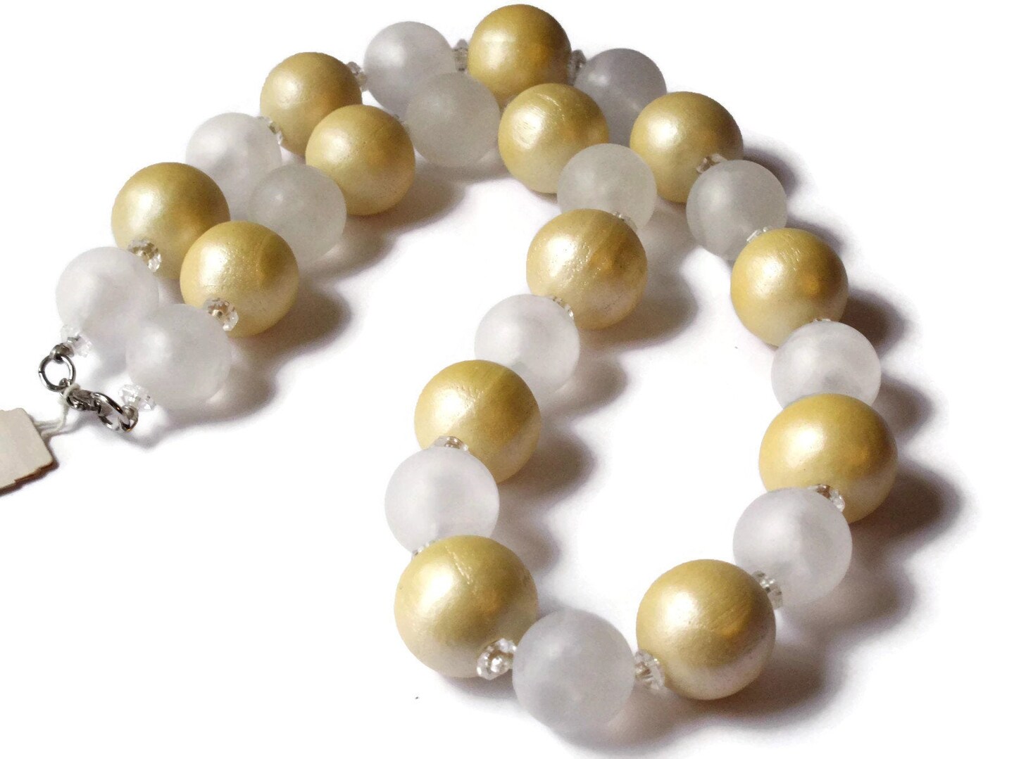 21 Inch Frosted Clear and Golden Yellow Vintage Beaded Necklace