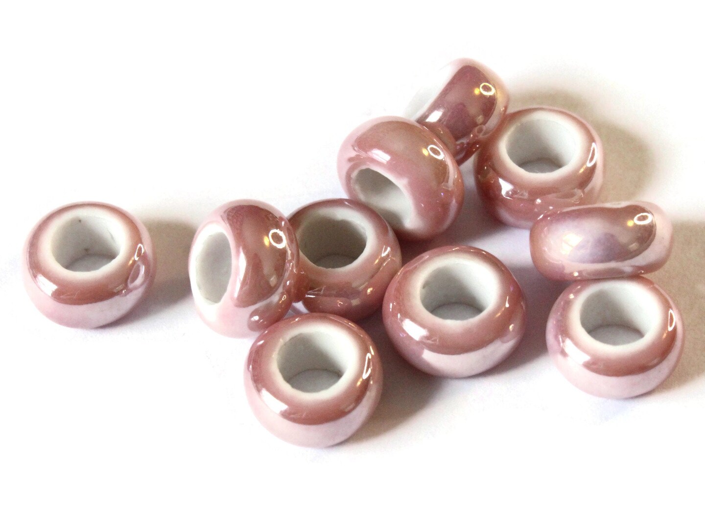 10 13mm Pink Porcelain Rondelle Beads - Large Hole Beads