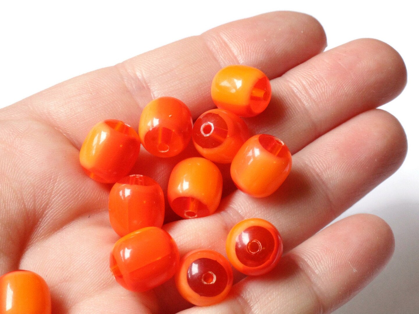 12 12mm x 10mm Red and Orange Vintage Lucite Barrel Beads Two Tone Plastic Beads