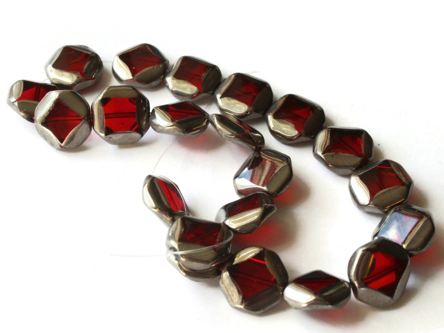 22 14mm Silver Rimmed Glass Red Octagon Window Beads