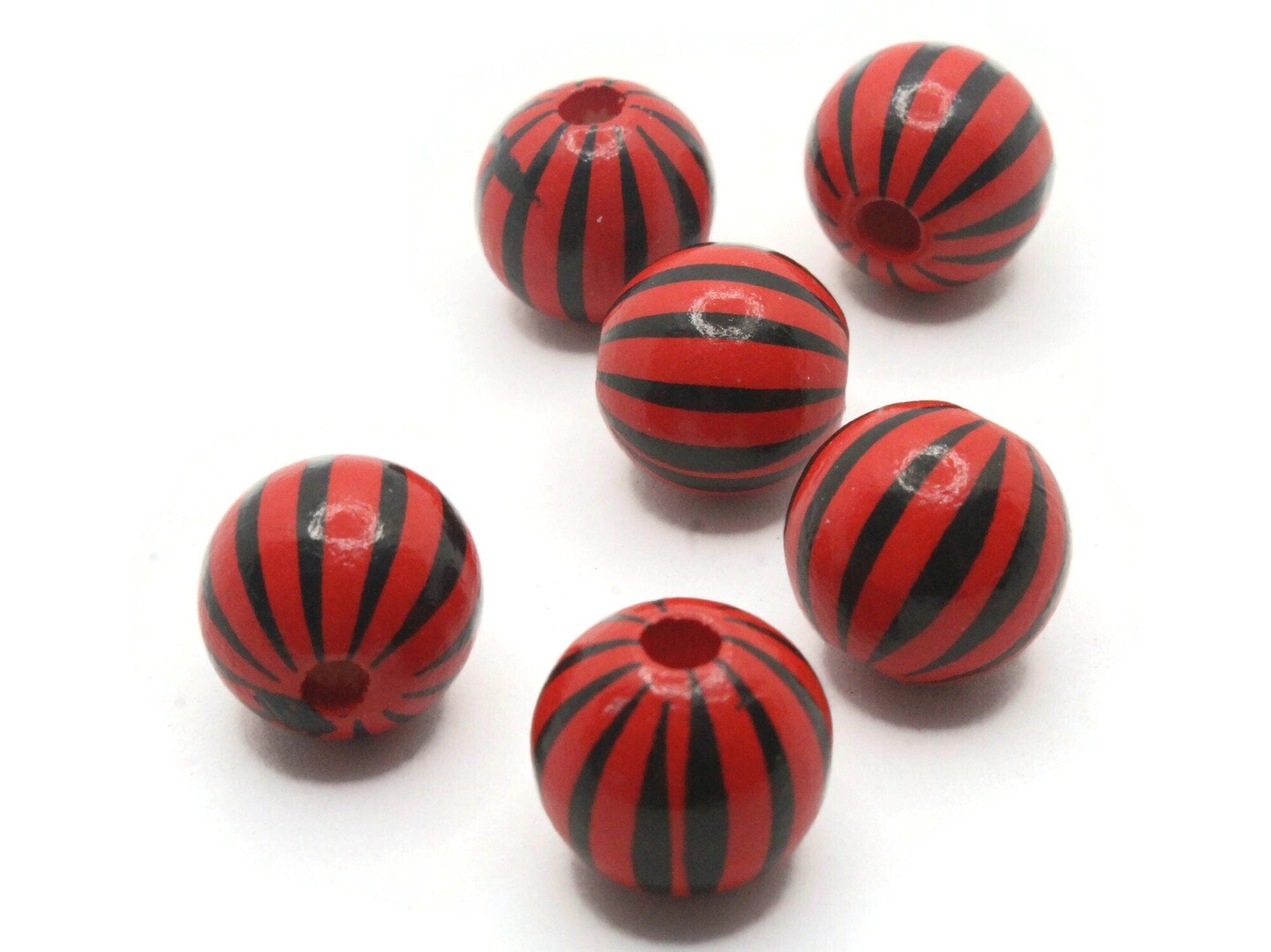 6 15mm Red and Black Striped Round Wood Beads