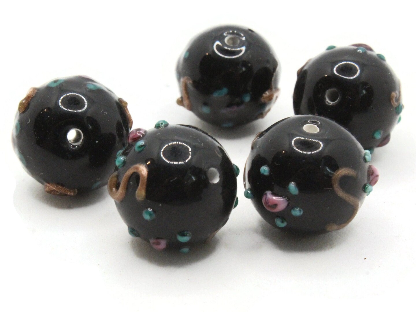 5 14mm Round Black Floral Lampwork Glass Multi-color Wedding Cake Beads