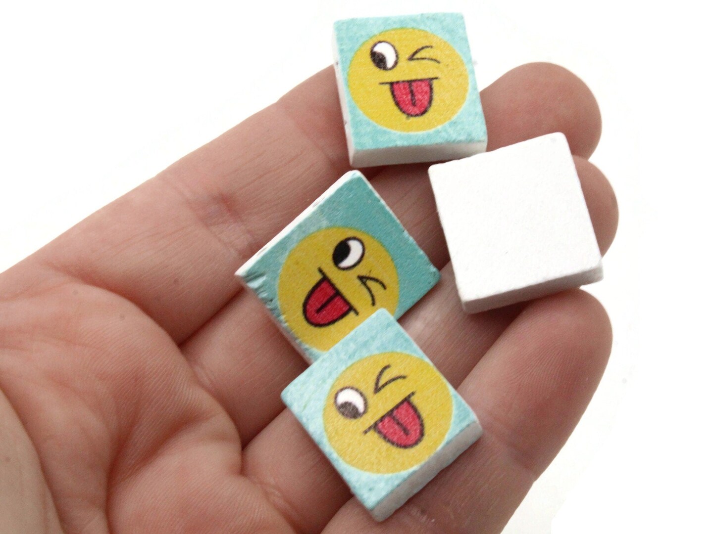 15 20mm Blue and Yellow Winking Wooden Happy Face Rectangle Beads - Two Hole Emoji Beads