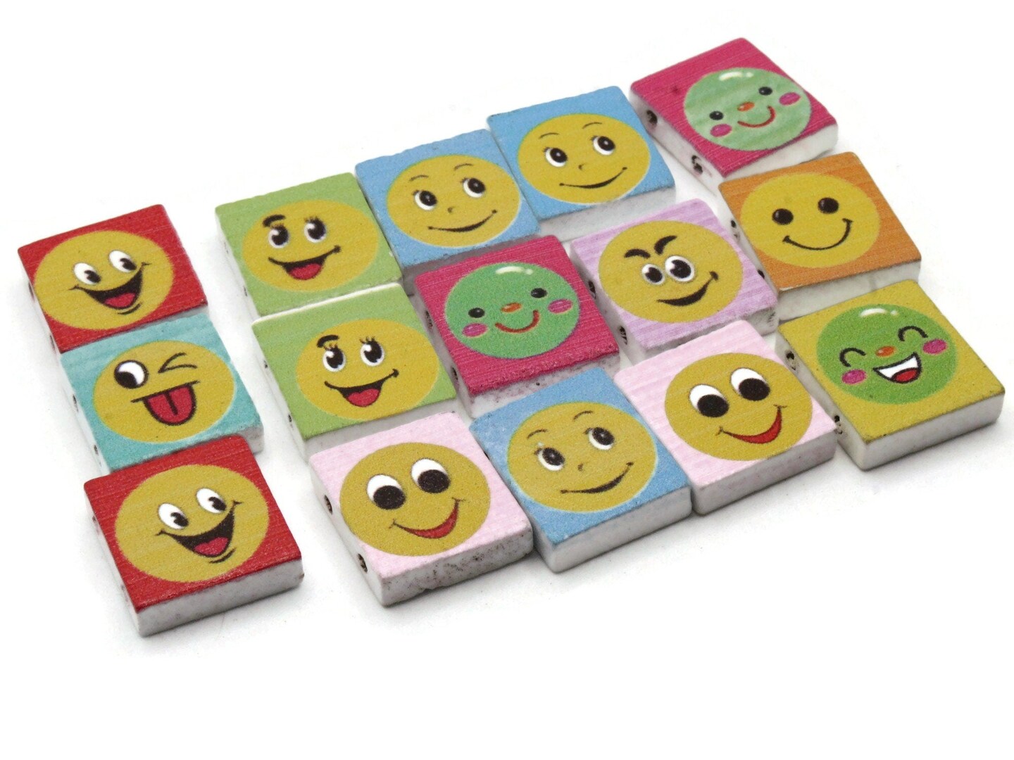 15 20mm Mixed Color Wooden Happy Face Rectangle Beads - Two Hole Emoji Beads