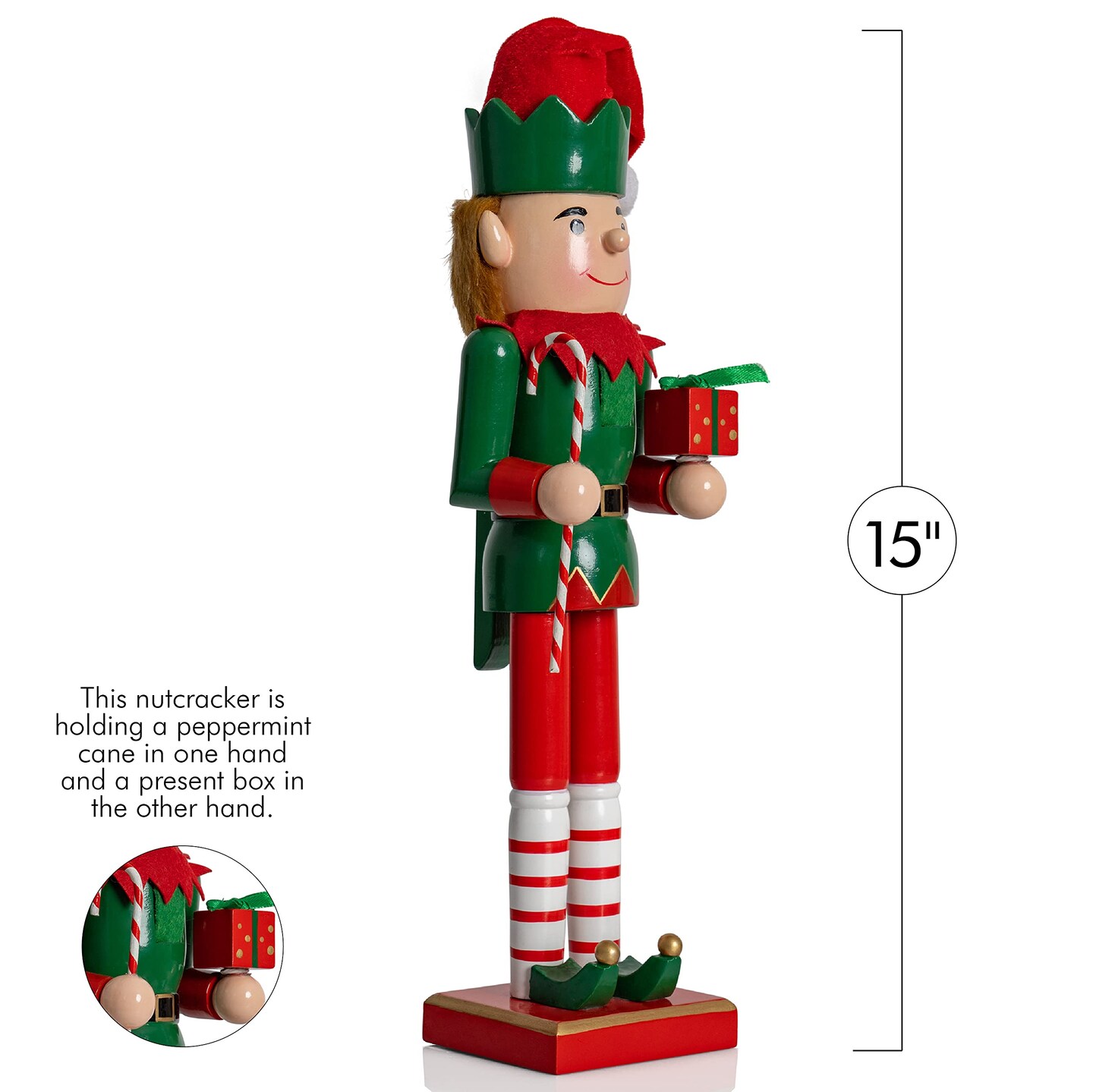 Ornativity Christmas Elf Holiday Nutcracker &#x2013; Red and Green Wooden Elf with Candy Cane and Gift Box Xmas Themed Holiday Nut Cracker Doll Figure Toy Decorations