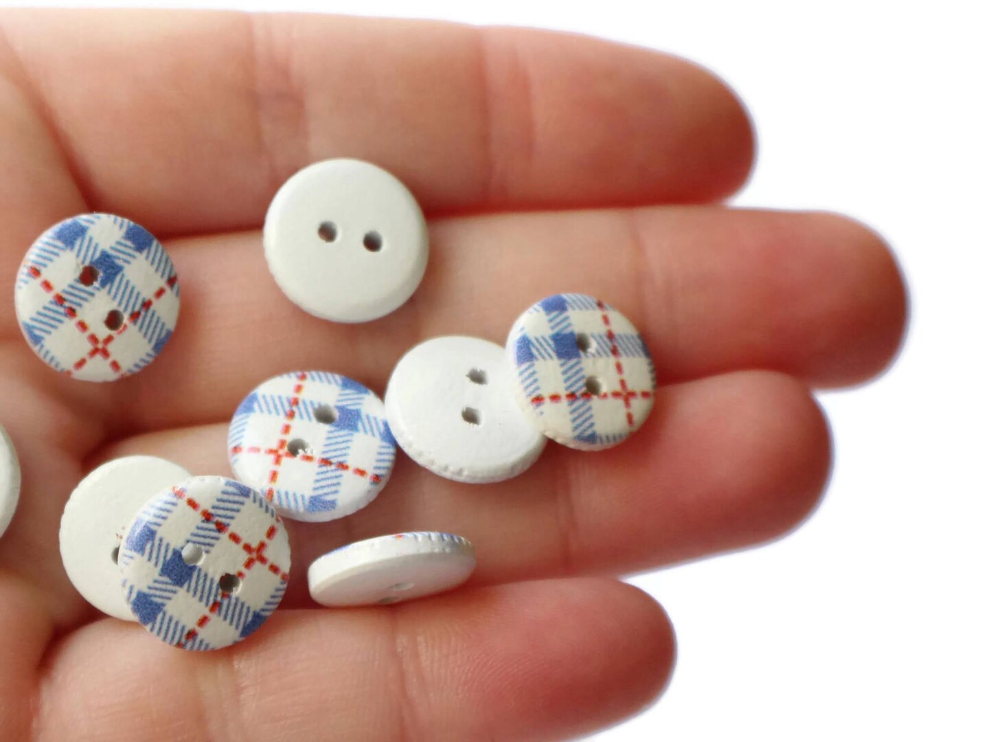 20 13mm Two Hole Blue Tartan Plaid Buttons Round Wooden Buttons Wood Buttons