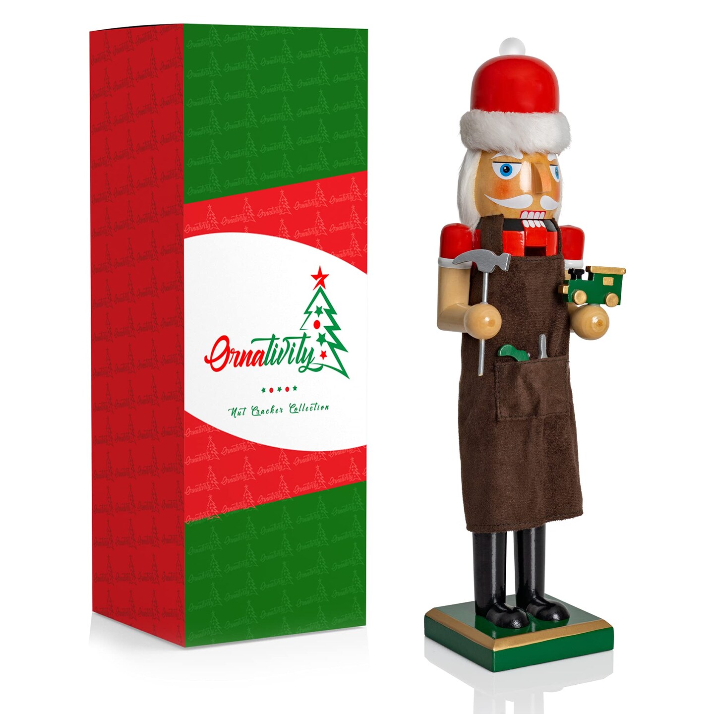 Ornativity Christmas Toy Maker Nutcracker &#x2013; Red and Green Wooden Nutcracker Man with Brown Workers Apron and Toy Car and Toy Hammer in Hand Xmas Themed Holiday Nut Cracker Doll Figure Decorations