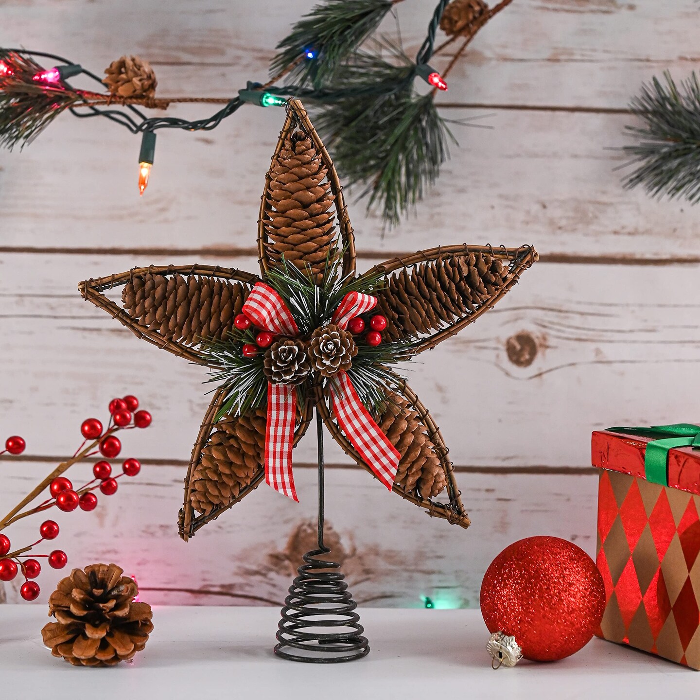 Ornativity Rattan Star Tree Topper - Christmas Rustic Acorn Tree Topper with Holly and Berry Decorations