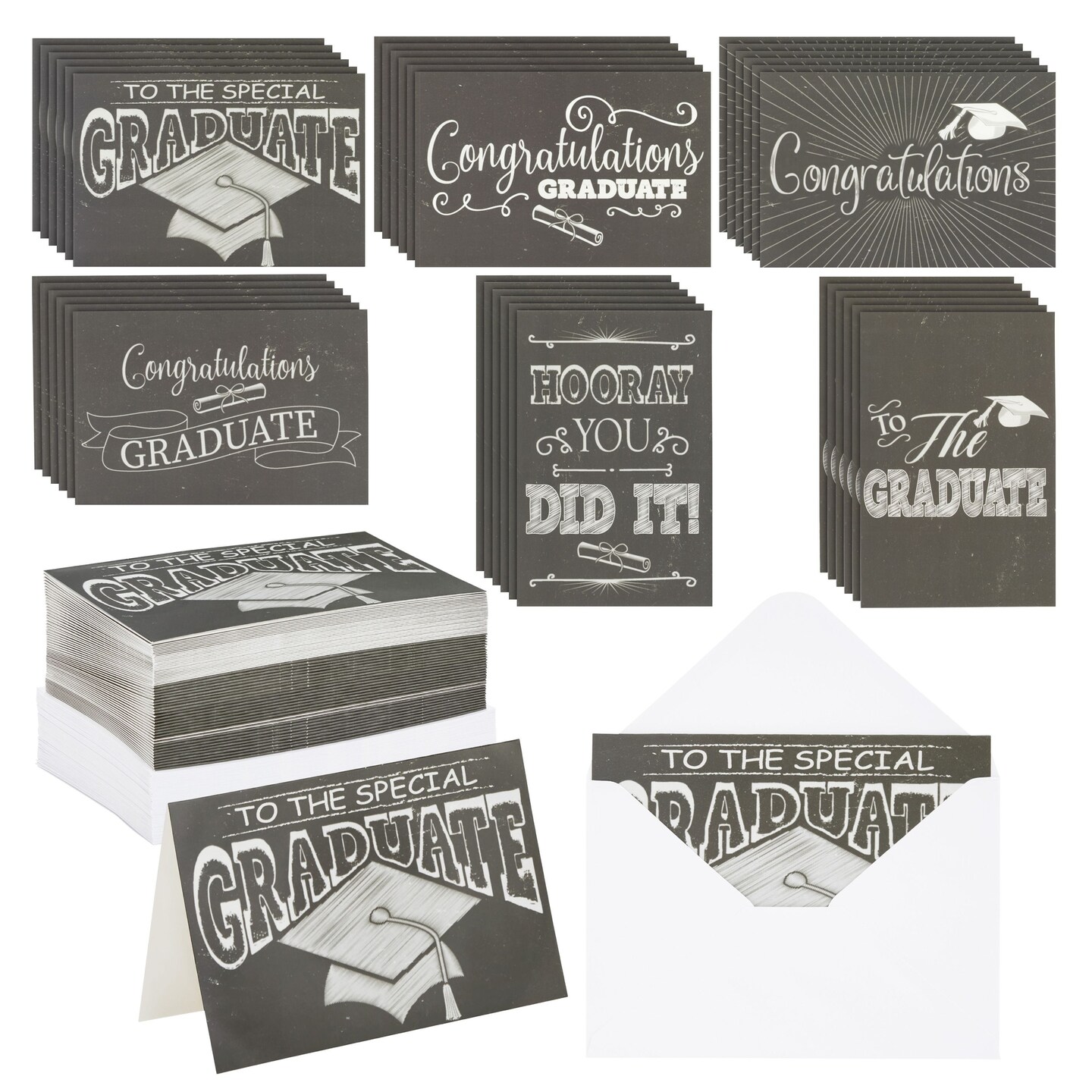 60 Pack Blank Graduation Thank You Cards with Envelopes, 6 Assorted Designs, Black and White (4 x 6 in)