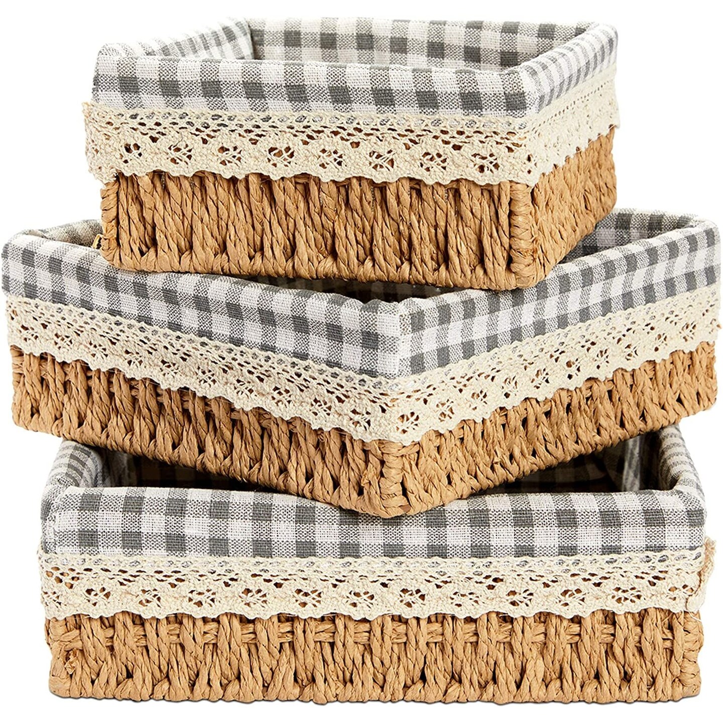 Set of 3 Rectangular Wicker Baskets with Removable Liner, Woven Storage Shelves (3 Sizes)