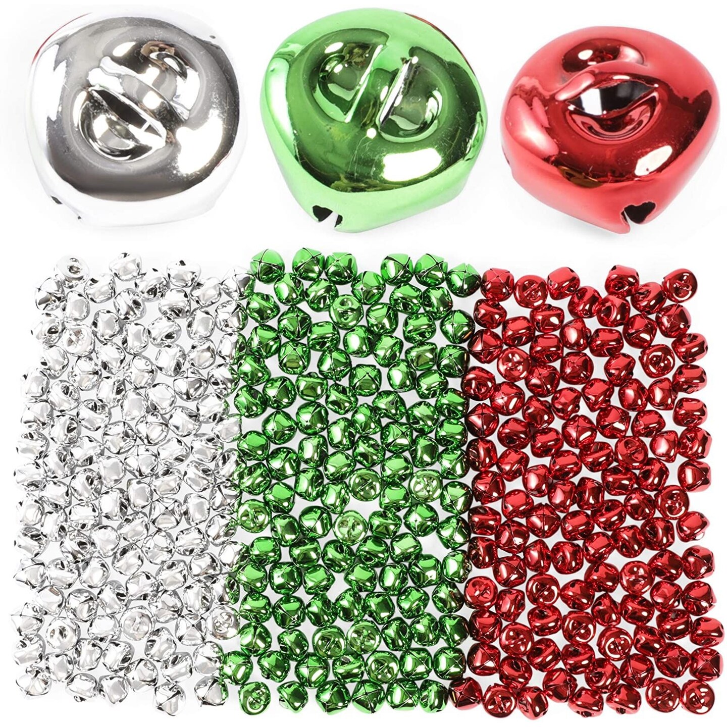 300 Pieces Mini Colorful Jingle Bells for Christmas Decorations, DIY Crafts (3 Colors, 0.75 Inch)