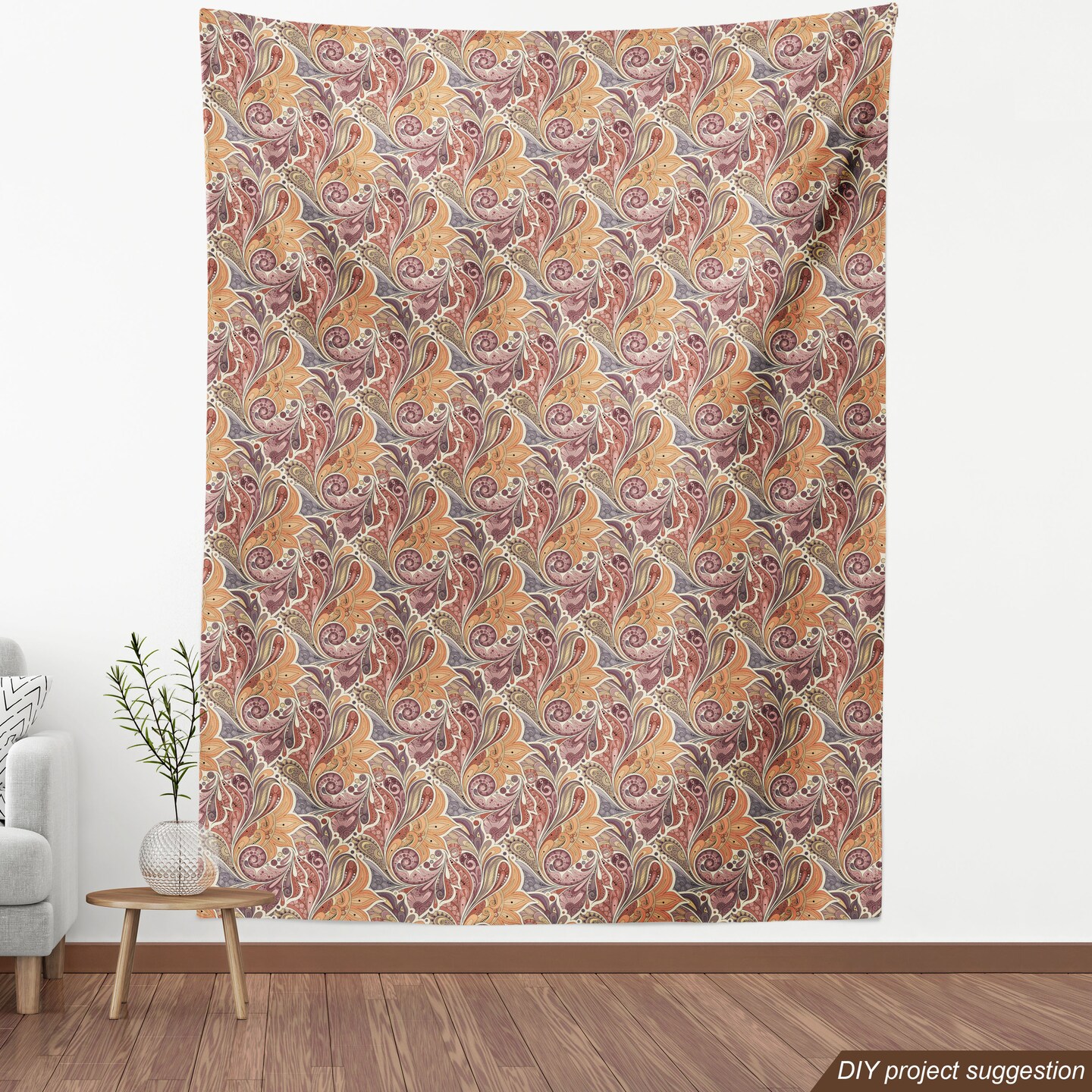 Ambesonne Floral Fabric by The Yard, Traditional Paisley Leaf Pattern with Persian Details Colorful Boho Design, Decorative Fabric for Upholstery and Home Accents, 5 Yards, Orange Mauve