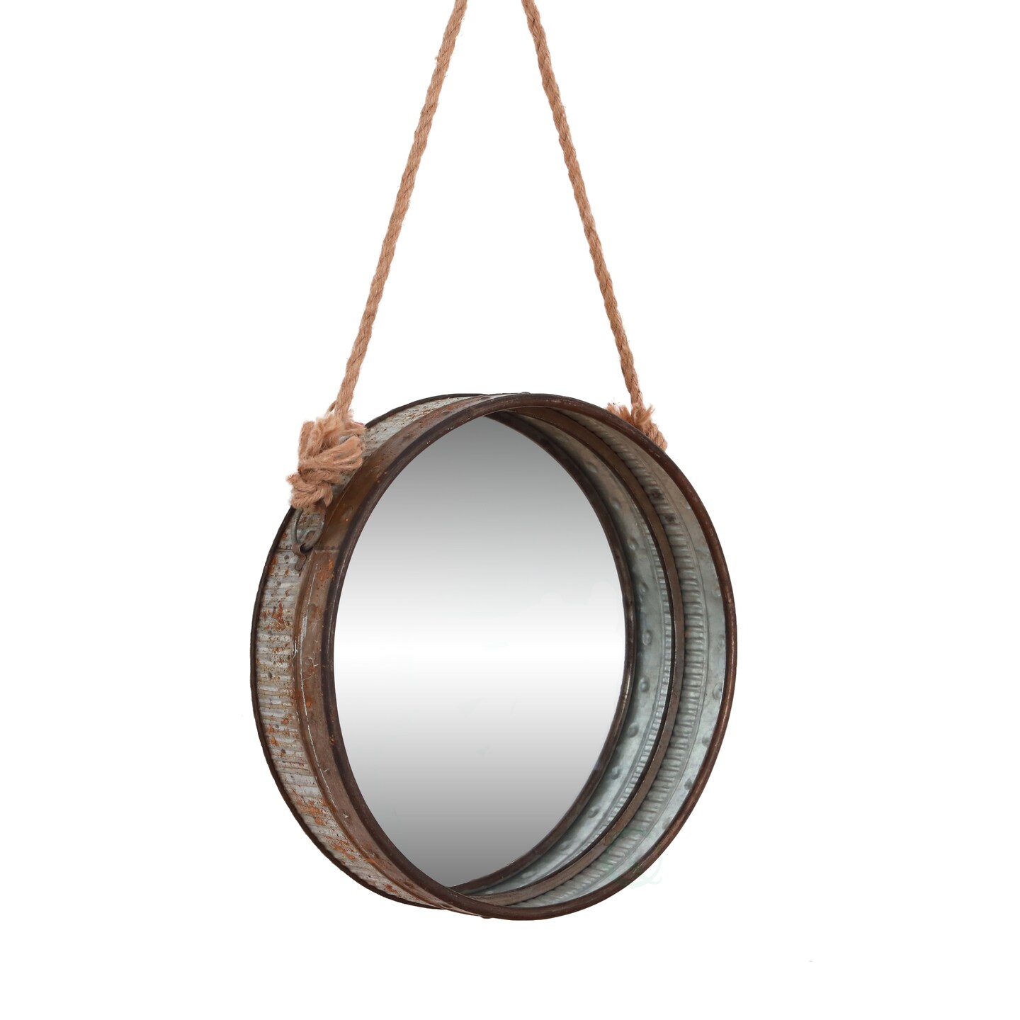 Galvanized Metal Framed Round Wall Mirror with Rope