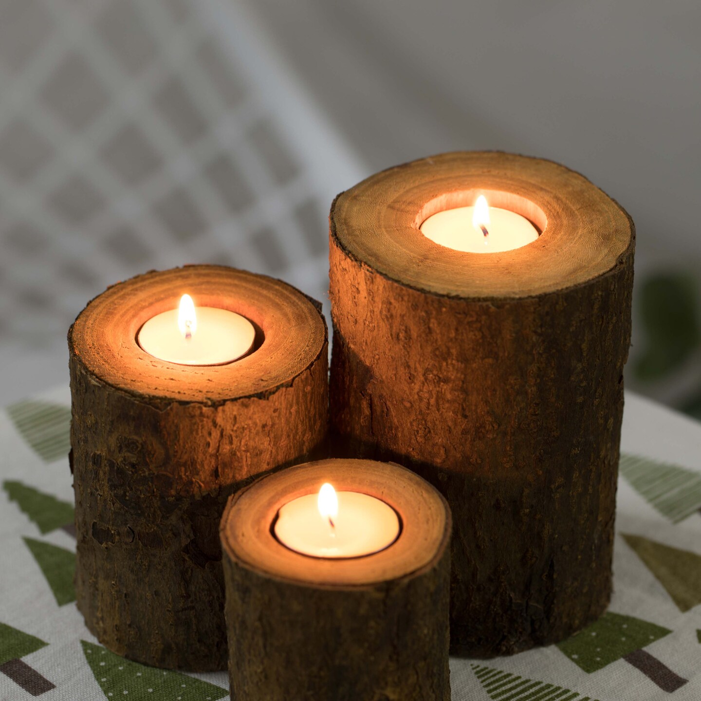 Bark Wooden Pillar Tree Stump Tea Light Rustic Candle Holder - Set of 3