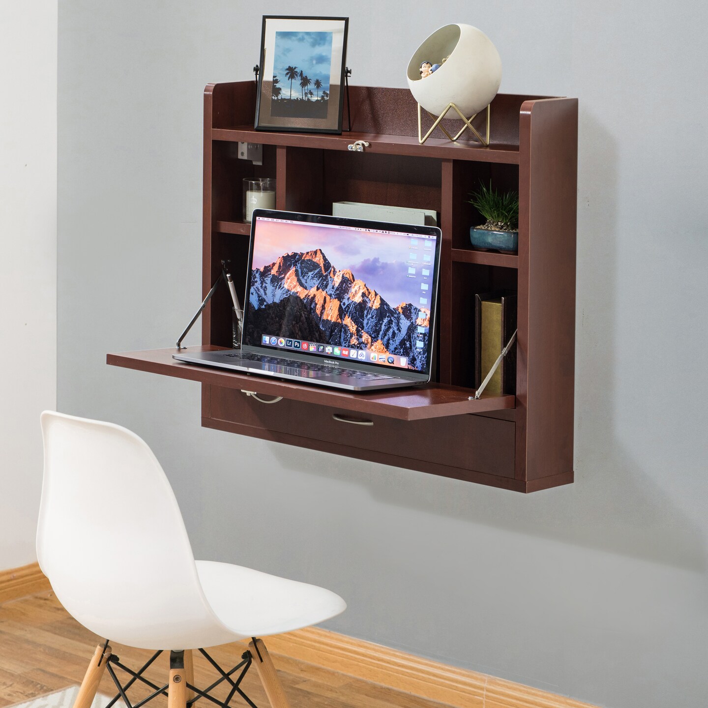 Wall Mount Folding Laptop Writing Computer or Makeup Desk with Storage Shelves and Drawer