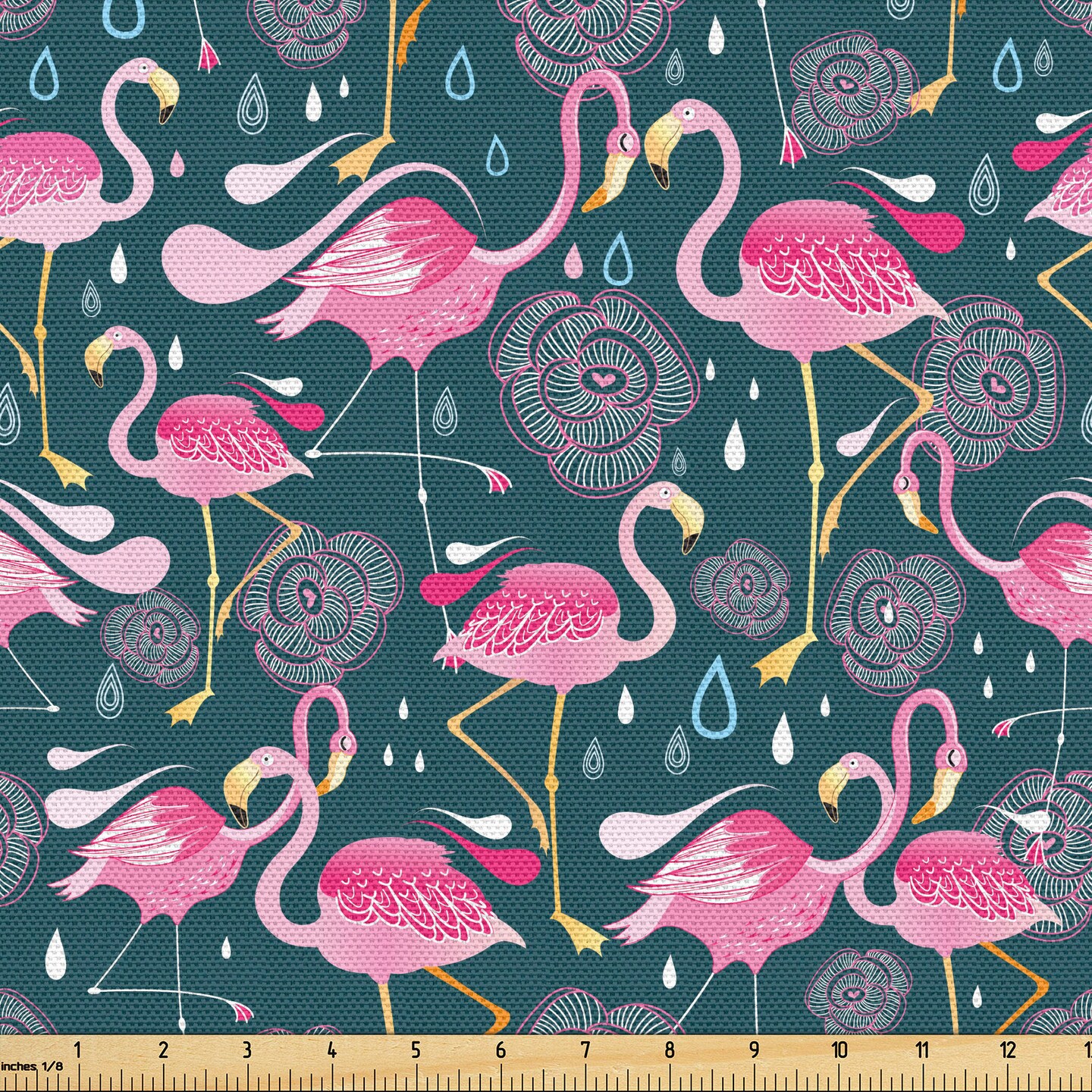 Ambesonne Flamingos Fabric by The Yard, Exotic Bird Pattern with Flowers Hearts and Raindrops Tropical, Decorative Fabric for Upholstery and Home Accents, 10 Yards, Green Pink