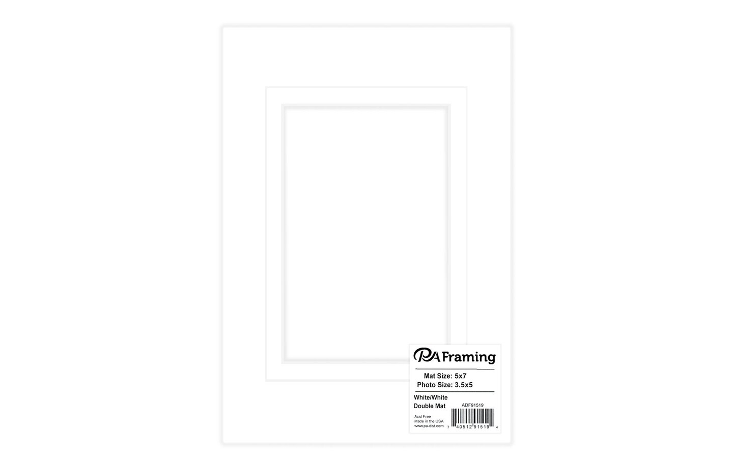 PA Framing Acid Free Photo Double Mat Board, 5&#x22; x 7&#x22; frame for 3.5&#x22; x 5&#x22; inches picture mats, beveled white mats with white Upper and Inner core fits 5x7 frame with opening for 3.5x5 photos