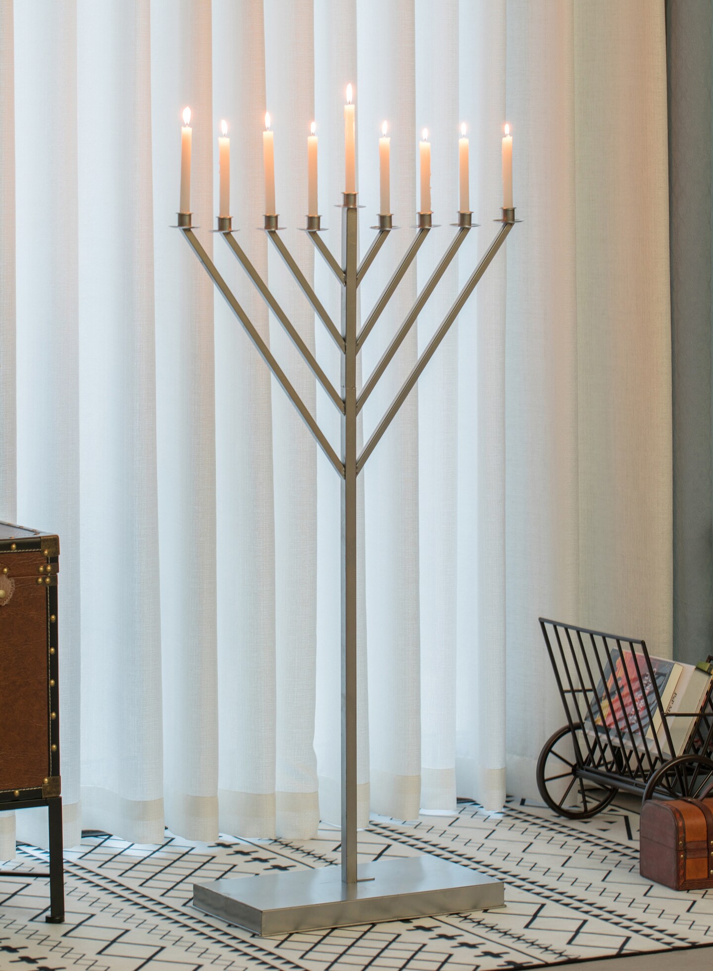 Large Metal Silver Coated Hanukkah Menorah For Synagogue